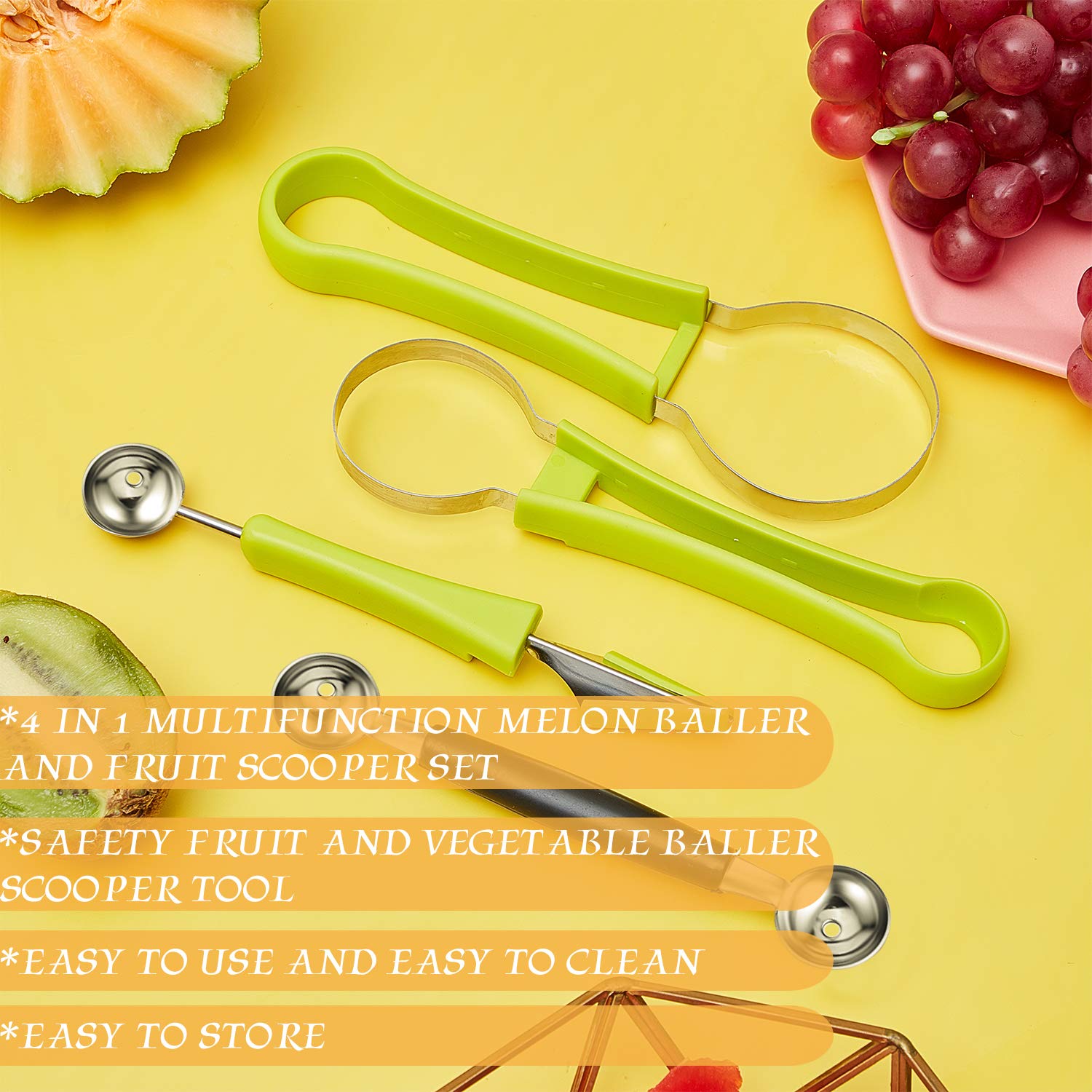 Patelai 2 Pieces Melon Baller Scoop Set, 4 in 1 Fruit Cutters Stainless Steel Watermelon Scooper and Ice Cream Baller for Dig Pulp Separator Fruit Slicer - Image 4