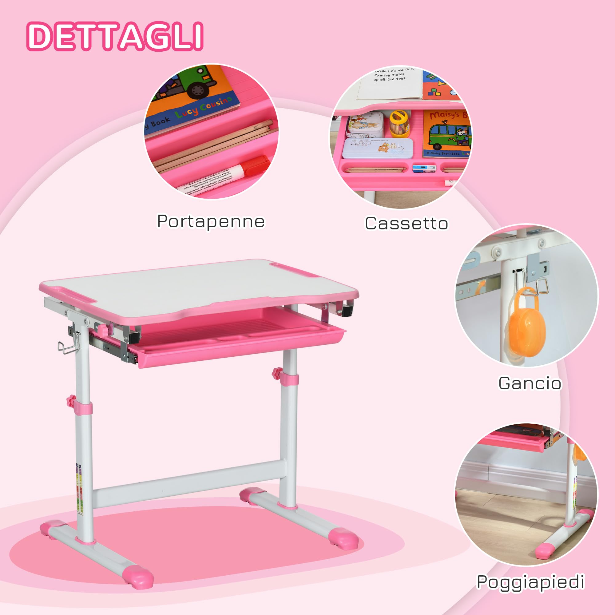 HOMCOM Banco Scuola per Bambini 6-12 Anni Regolabili in Altezza, Set Scrivania e Sedia per Bambini con Piano Inclinabile 45°, Cassetto, 2 Portapenne e Gancio, Rosa