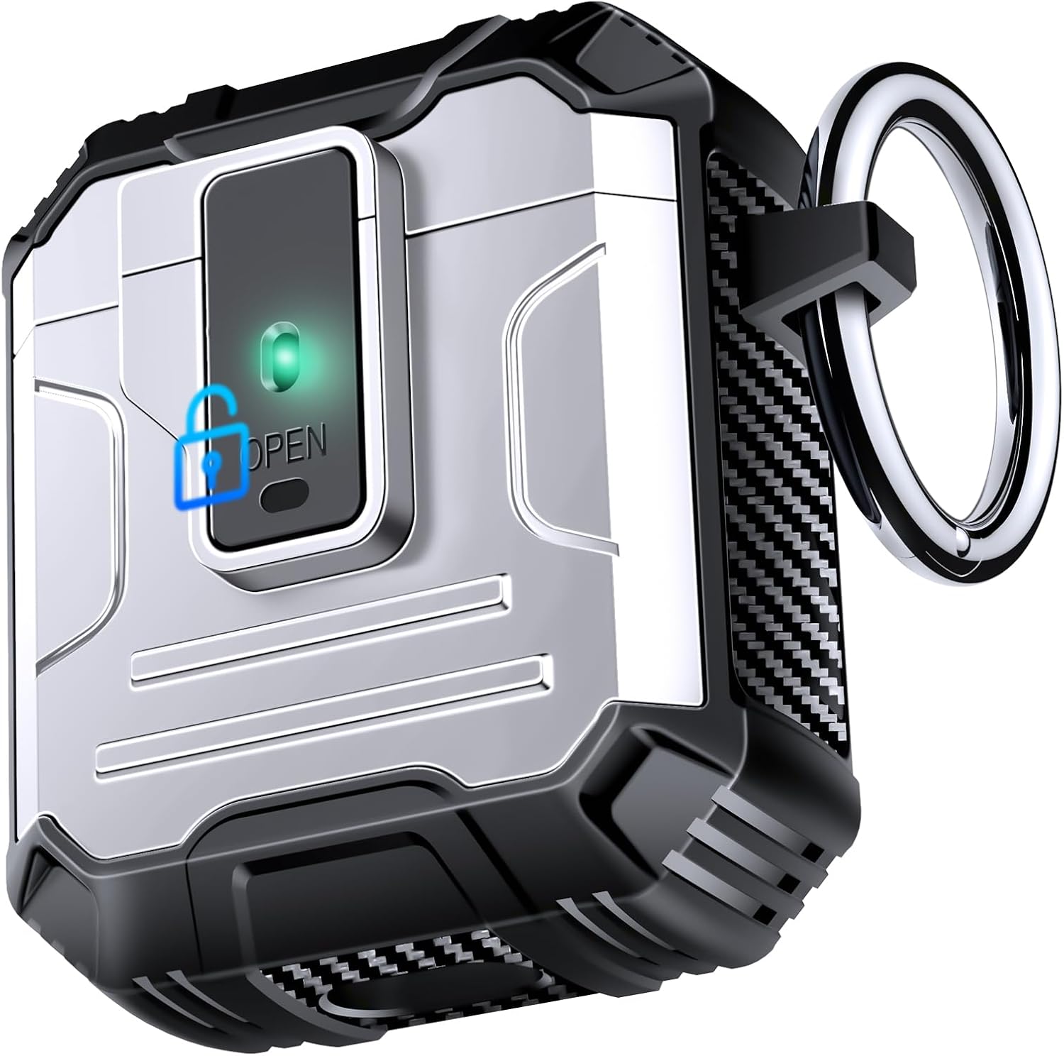Armoured Heavy Duty for AirPods 1/2 Generation Case with Lock & Keychain, 360°Heavy Duty Drop Protection, 1-Click Open & Magnetic Lid, AirPods1/2 Gen Hard Cover Case for Outdoor & Travel-Silver