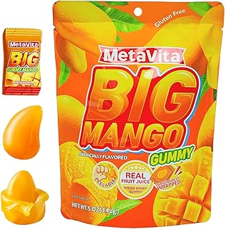 MetaVita 5oz- Big Mango Gummy Candy – Individually Wrapped Peelable Mango Gummy with Real Puree – Chewy, Gluten-Free – 1 Pack