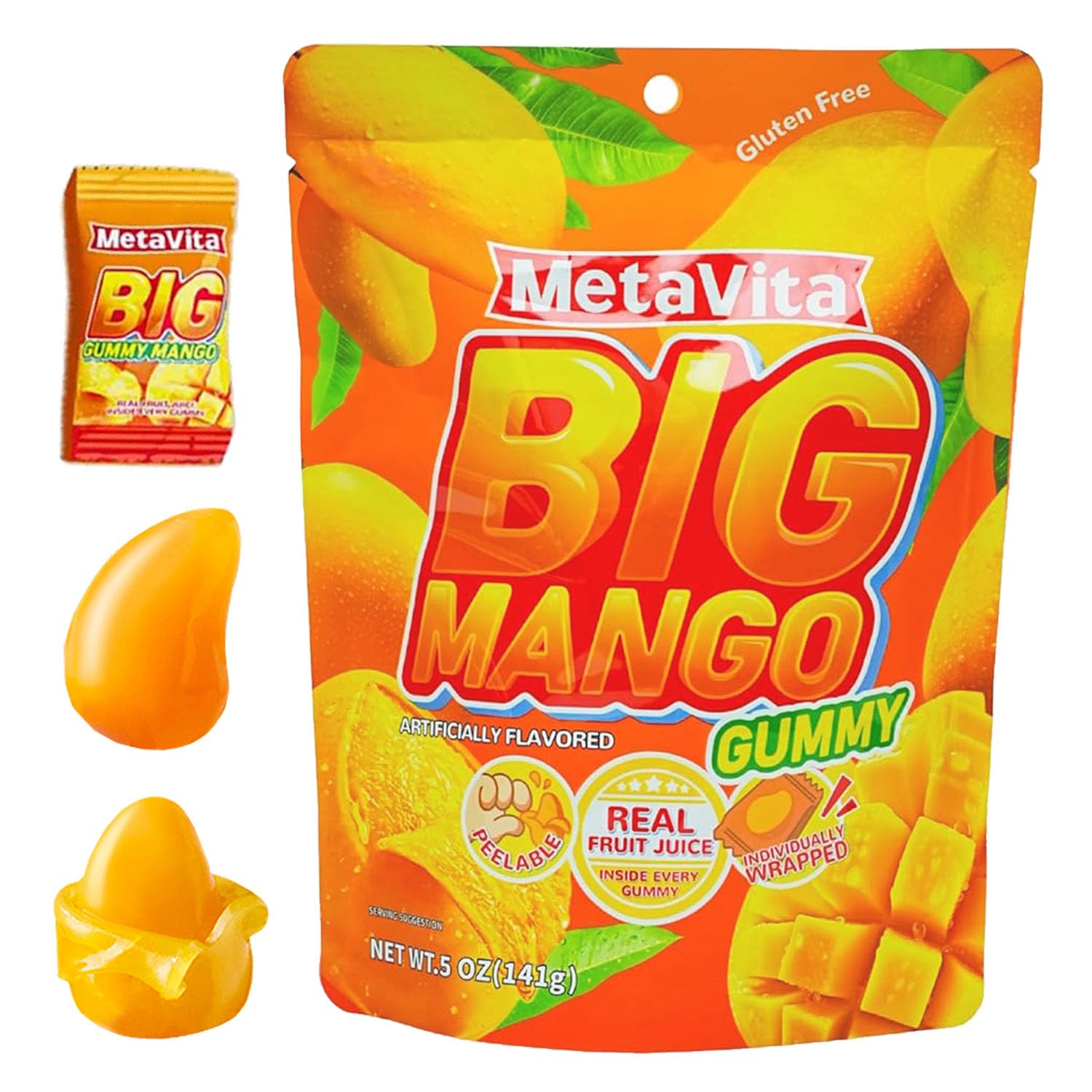 MetaVita - Big Mango Gummy Candy – Individually Wrapped Peelable Mango Gummies with Real Puree – Chewy, Gluten-Free – 5oz (1 Pack)