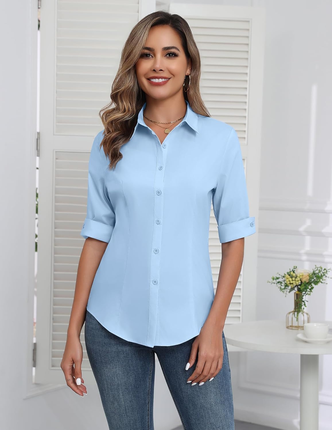 Zeagoo Womens Button Down Shirt 3 4 Sleeve Formal Dress Shirts Light Blue - Image 2