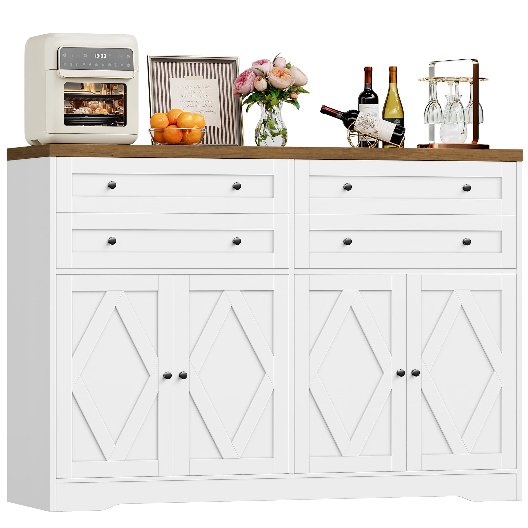HOCSOK Sideboard, Kitchen Cabinet with 4 Drawers and 4 Doors, Kitchen Cupboard with Adjustable Shelves, Large Sideboard for Living Room, Dining Room, White, 132.7x100x39.4 cm