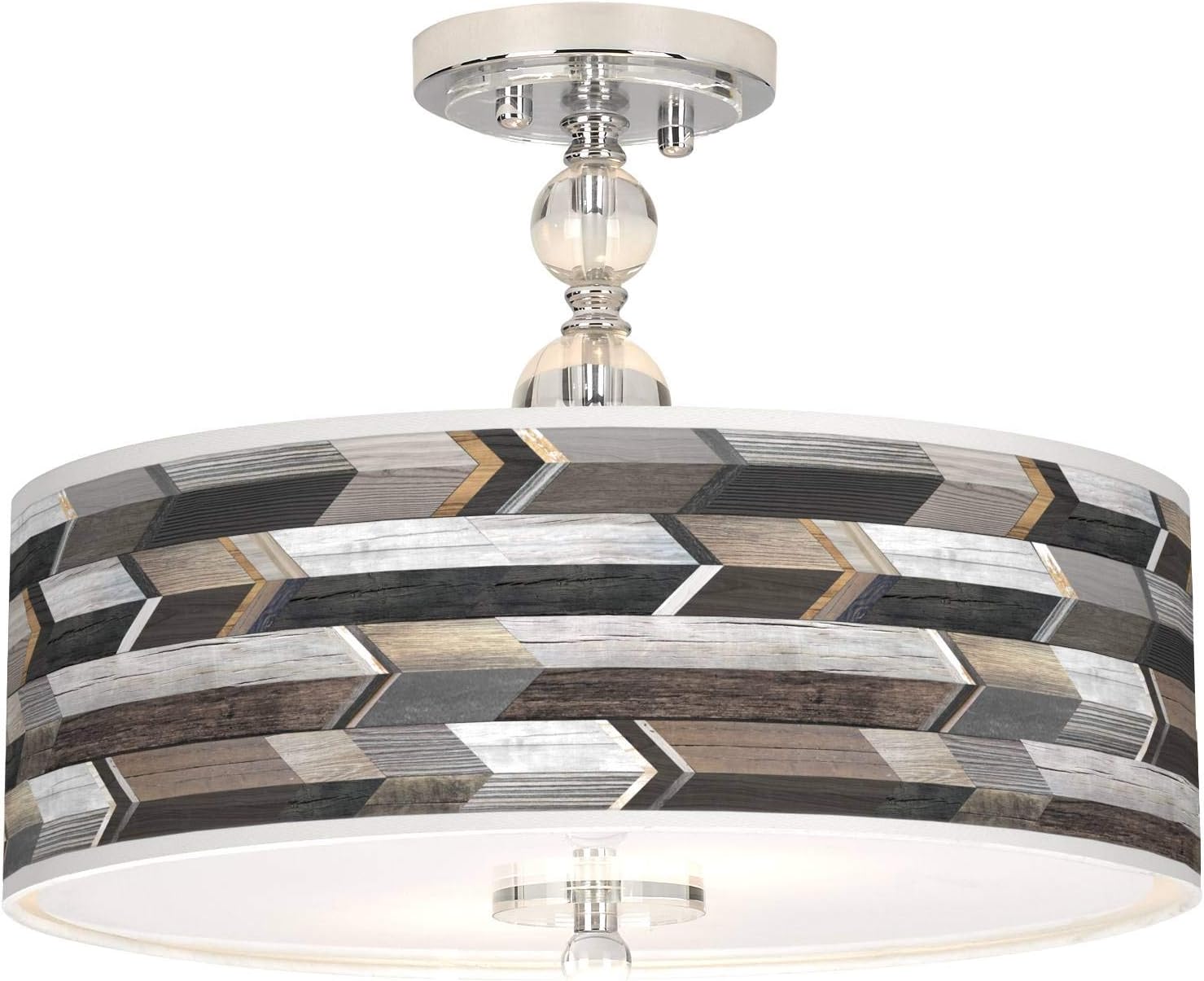 Giclee Gallery 16" Rustic Industrial Traditional Semi Flush-Mount Ceiling Light Fixture Kitchen Foyer Hallway Drum Round Woodwork Arrows Shade Brown Chrome Finish Crystal Bedroom Bathroom Entryway