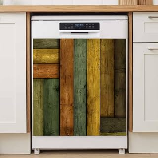 Colored Wood Grain Dishwasher Magnetic Cover, Orange Green Yellow Wood Stripes Magnet Dishwasher Door Cover Refrigerator Decal Panel Kitchen Appliances Decor Stickers, Easy Clean, 23" Wx26 H