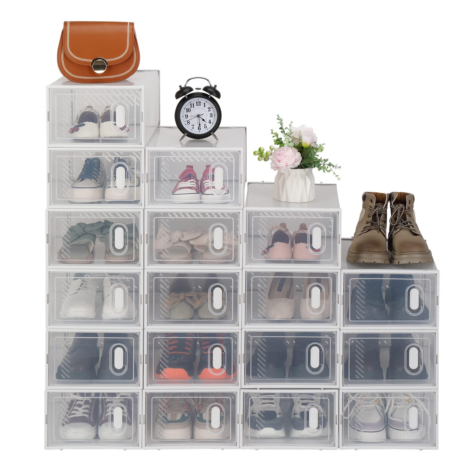 Lot de 18 boîtes à chaussures empilables transparentes avec couvercles, convient jusqu'à la taille 40 pour homme et femme