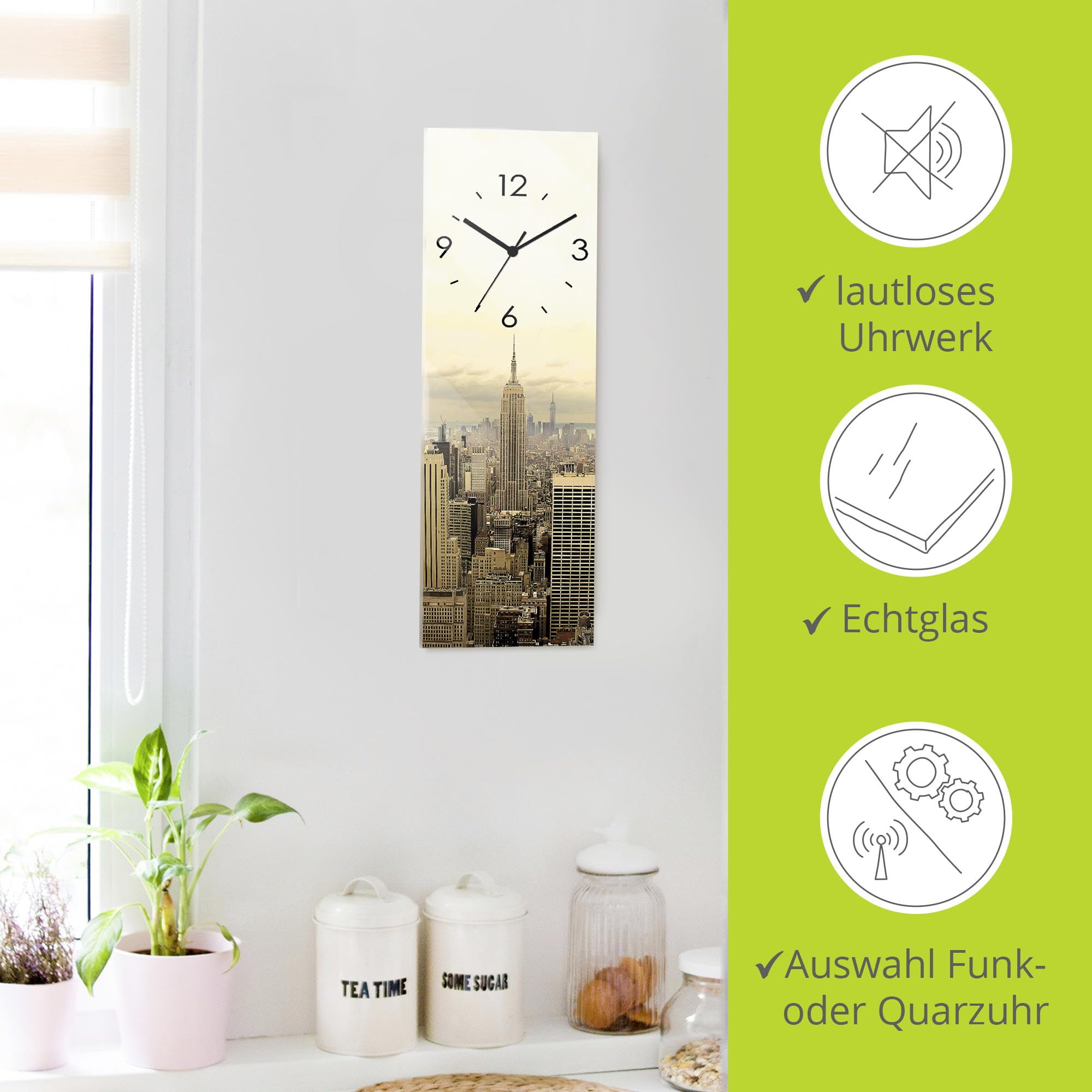 ARTLAND Wanddeko Wanduhr ohne Tickgeräusche Glas Funkuhr 20x60 cm Rechteckig Lautlos New York Skyline Städte USA Amerika Manhattan Modern T1TO