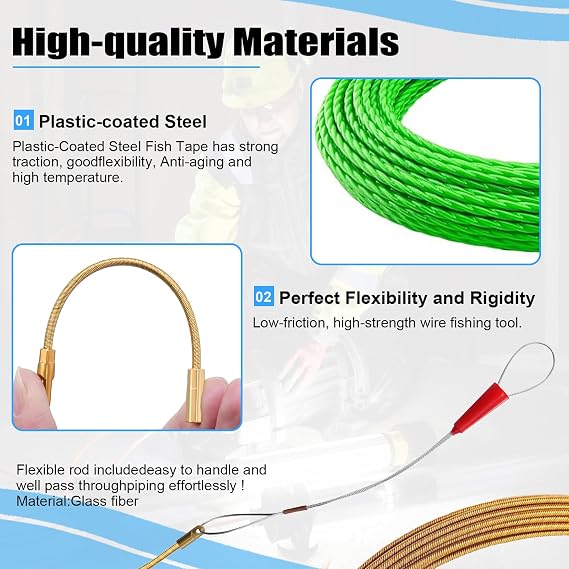 Non Conductive Fish Tape Wire Puller 4.5mm 196FT with 7 Adapters