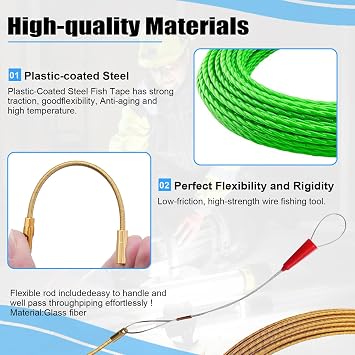 Non Conductive Fish Tape Wire Puller 4.5mm 196FT with 7 Adapters