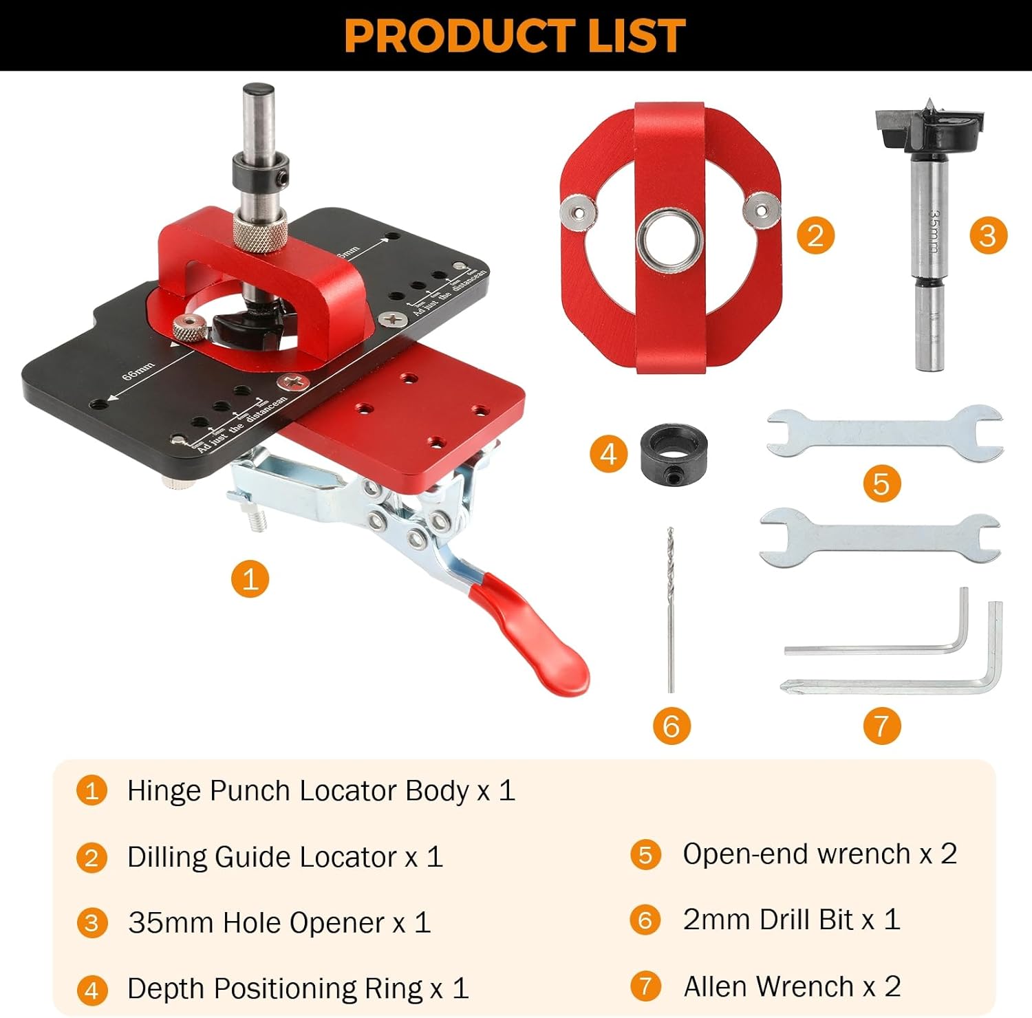 BEAMNOVA 35mm Hinge Jig Drill Guide, Adjustable Offset 3-6mm Cabinet Hinge Locator with Drill Bit for Door Cabinets Hinges Mounting