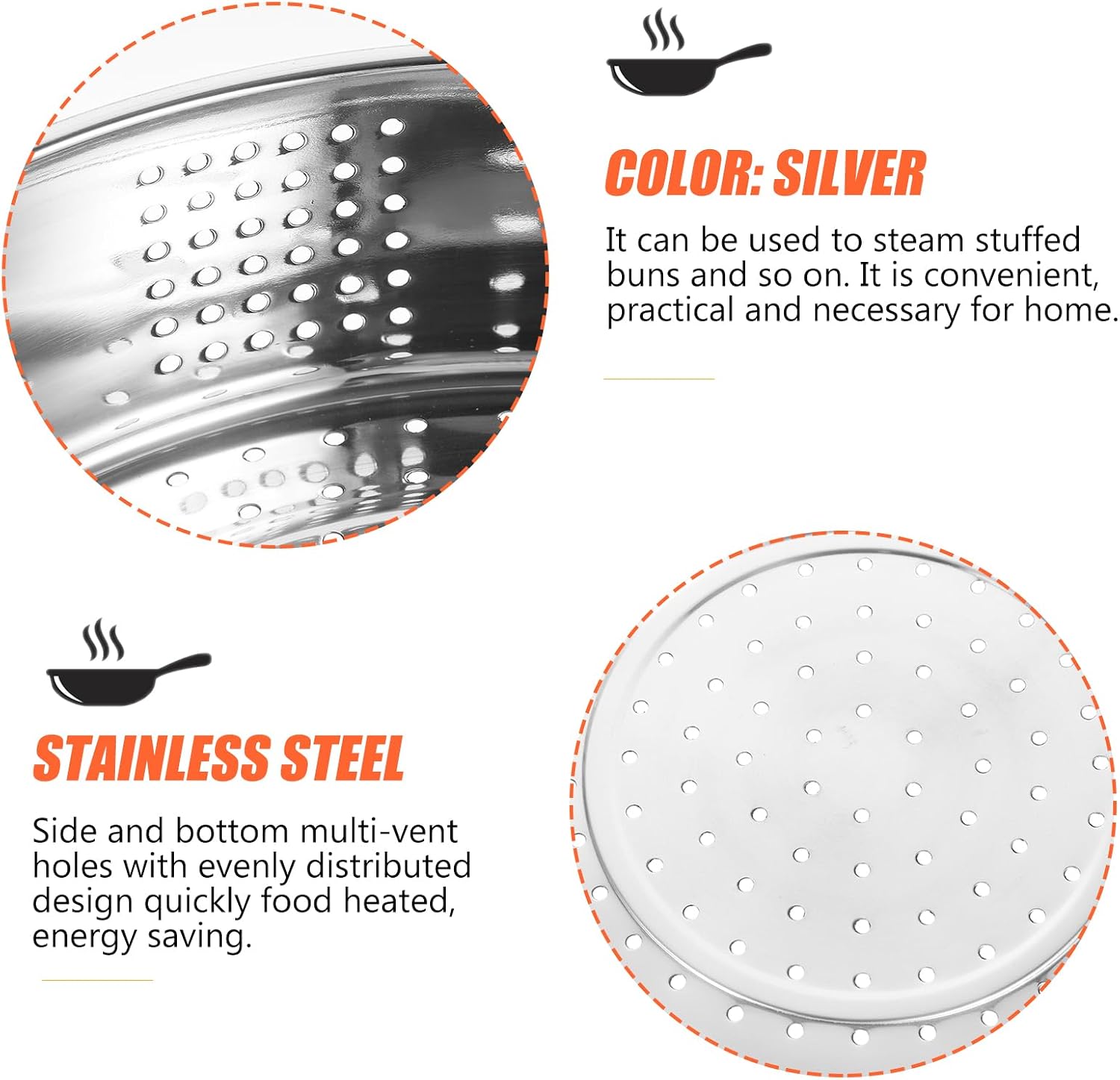 Hemoton Stainless Steel Steamer Basket 9.84 Inch Compact Steel Steamer for Cooking Dumplings and Buns with Multi-Vent Design for Even Heat Distribution