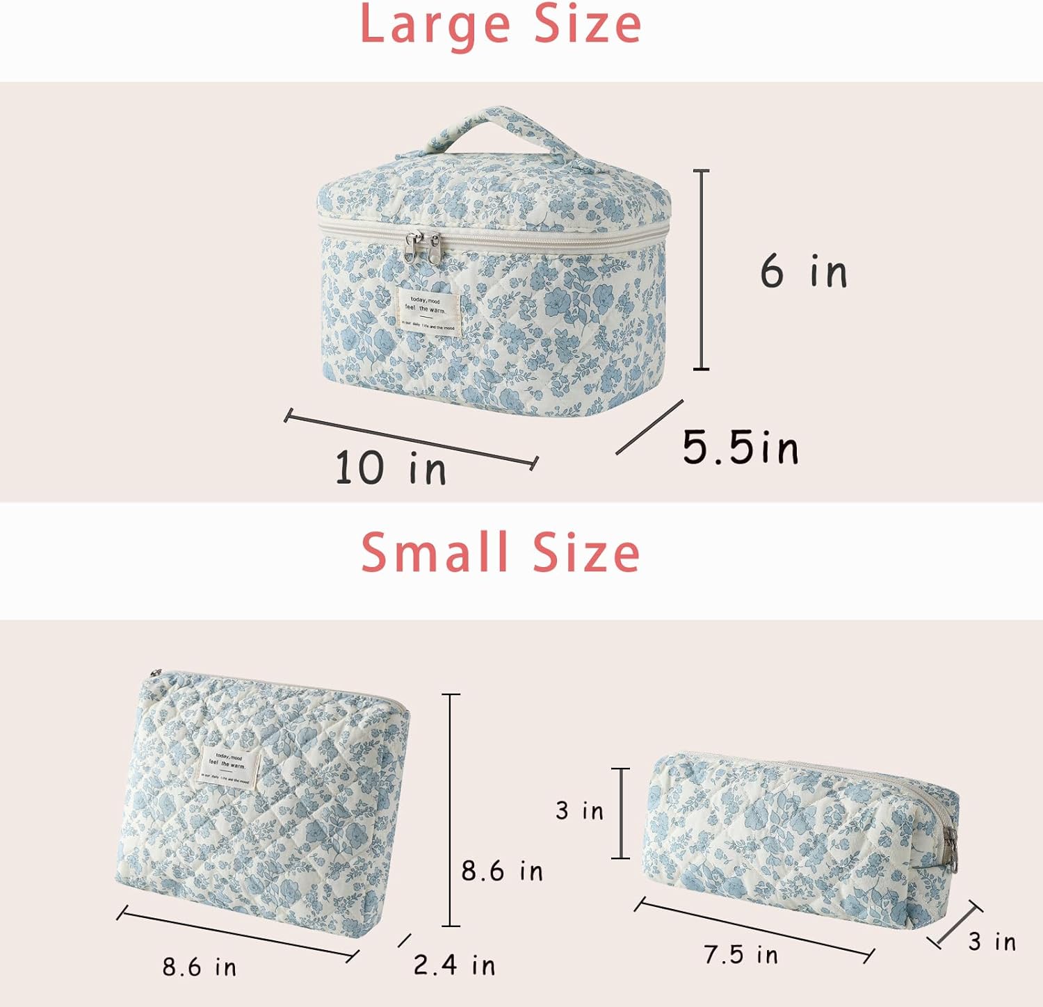 uekeboag Large Travel Quilted Makeup Bag for Women, Floral Cotton Cosmetic Bag, Coquette Aesthetic Floral Toiletry Organizer Bag