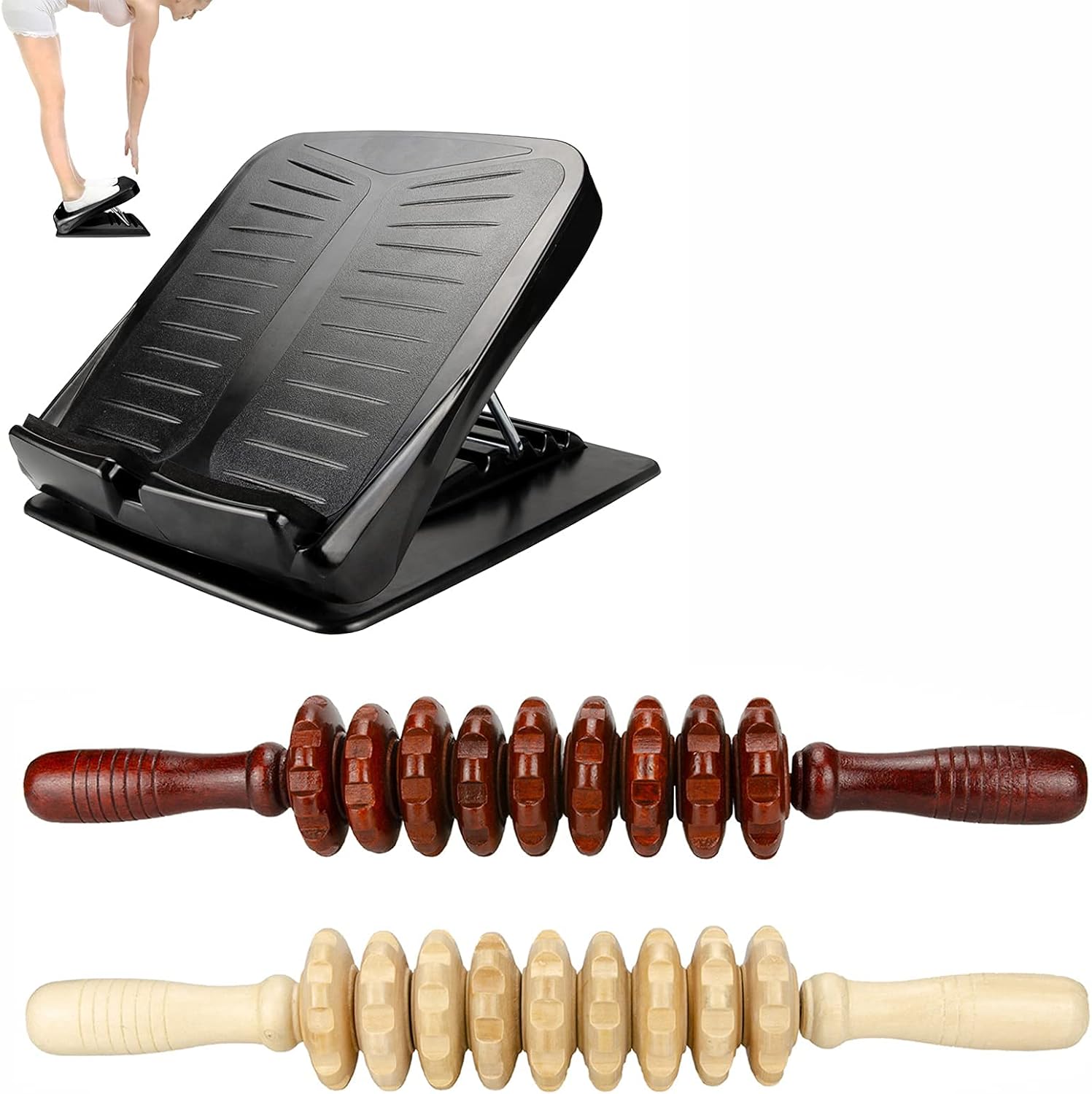 4 Angles Slant Board Calf Stretcher for Hamstring, Achilles, Wood Massage Roller Stick for Tightness, Soothing Cramp Relief