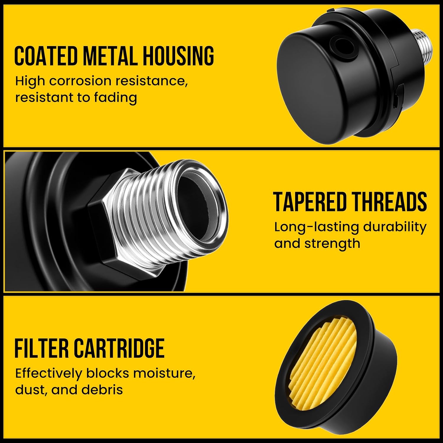 3Pcs 1/2" Thread Air Compressor Silencer with 6Pcs Filter Elements | 20mm thread, metal shell, intake muffler, dust/moisture block, noise reduction, for air compressorsc and blowers