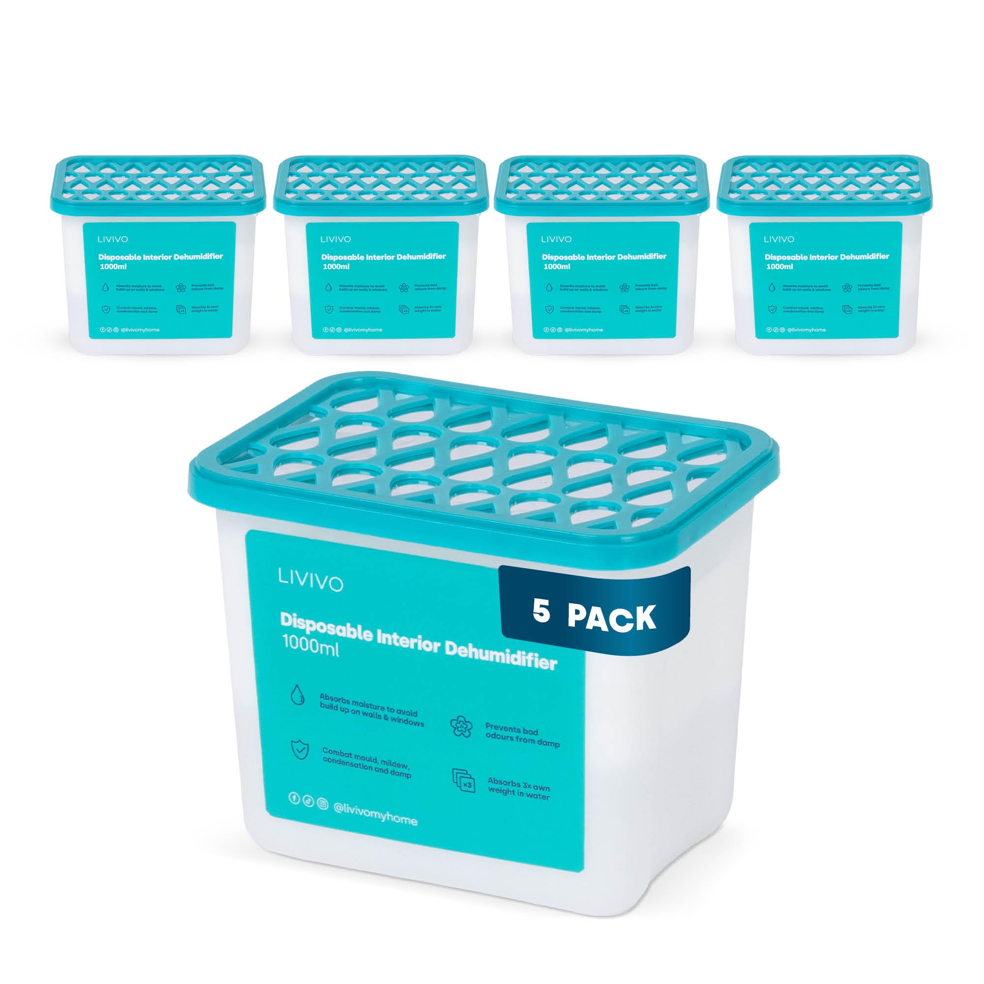 LIVIVO 1000ml Disposable Dehumidifiers - 5 Pack Large Capacity Moisture Absorber & Damp Trap for Damp, Mould and Condensation - Ideal for Home, Kitchen, Wardrobe, Caravan, Garage and Bathroom