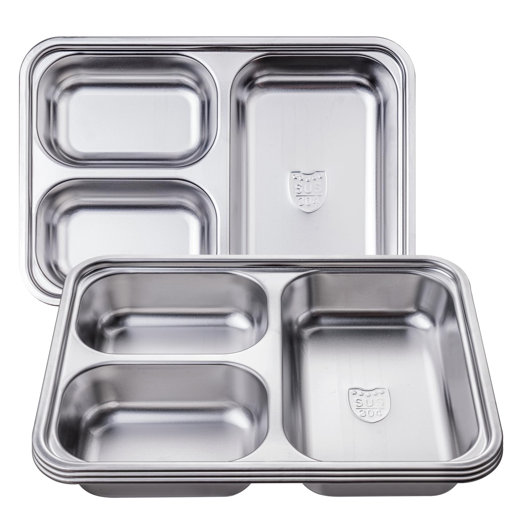Finopro 4 Pack Stainless Steel Rectangular Divided Plates Tray/Three Compartment Divided Dinner Plate/Partition Thali/Portion Control Plates/Heavy Gauge/for Adults