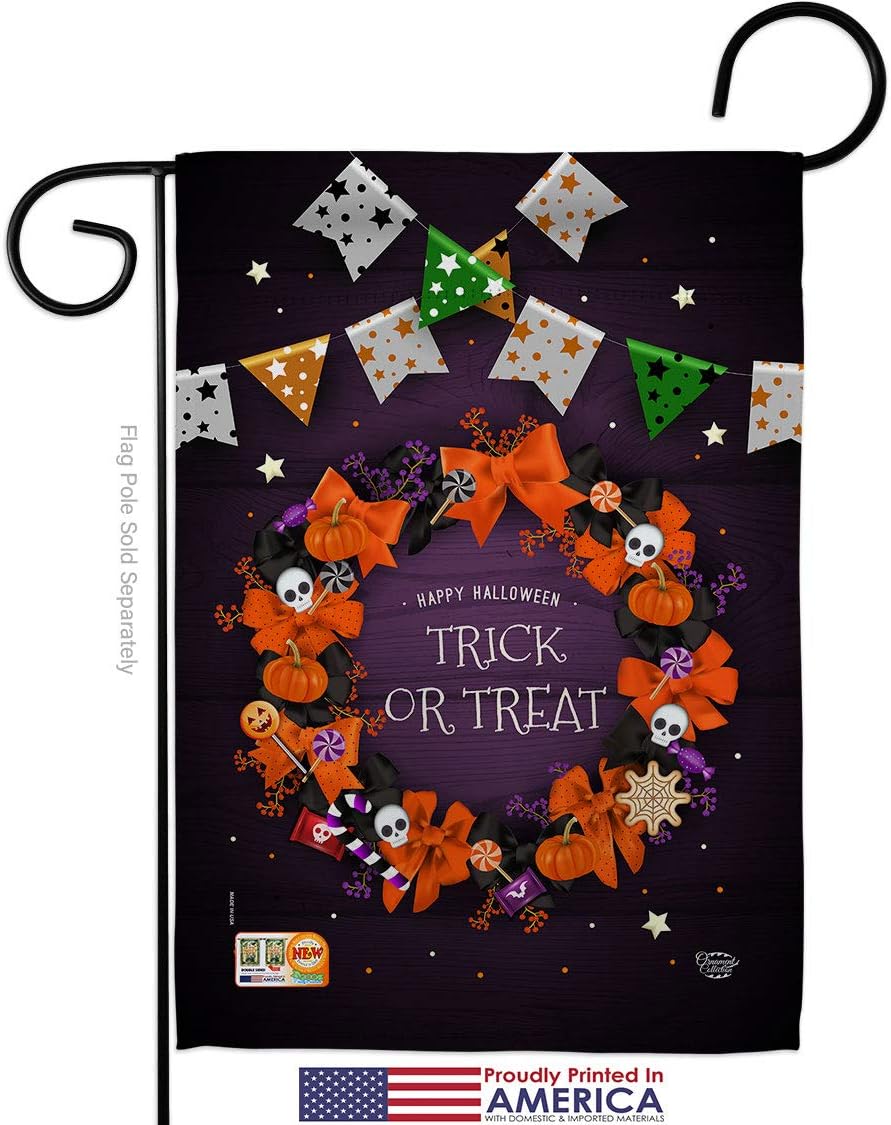 Trick Or Treat Wreath Garden Flag Set Mailbox Hanger Falltime Halloween Witch Spooky Night Black Cat Season Autumntime Pumpkin Small Gift Yard House Banner Made In USA 13 X 18.5