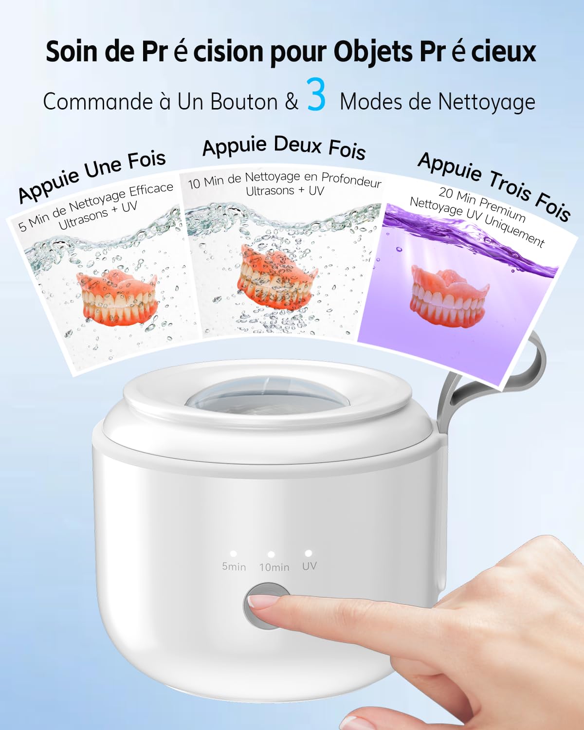 JeaTone Nettoyeur Ultrasons, 48kHz Dental Cleaning Pod, 200ML Ultrasonic Cleaner, Appareil de nettoyage à ultrasons avec 4 UV Lampe pour Prothèses Dentaires, Gouttière Dentaire, Retainer, Bijoux