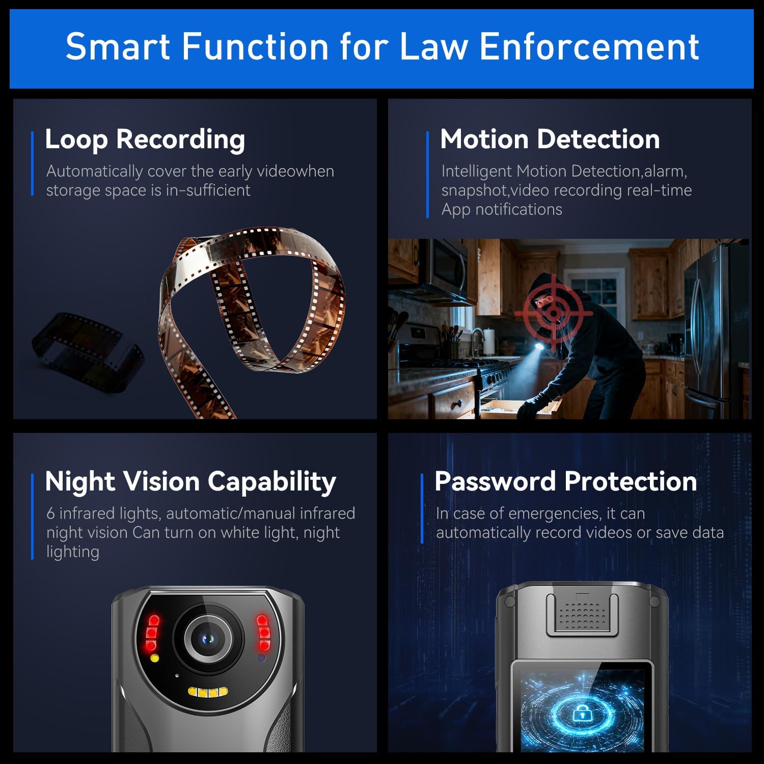 WiFi Body Camera with GPS，1080P HD Video & 48MP Photo, 4000mAh Battery, Night Vision & SOS Alert, 64GB Built-in Storage, Body Worn Camera for Security, Campus Patrol & Delivery