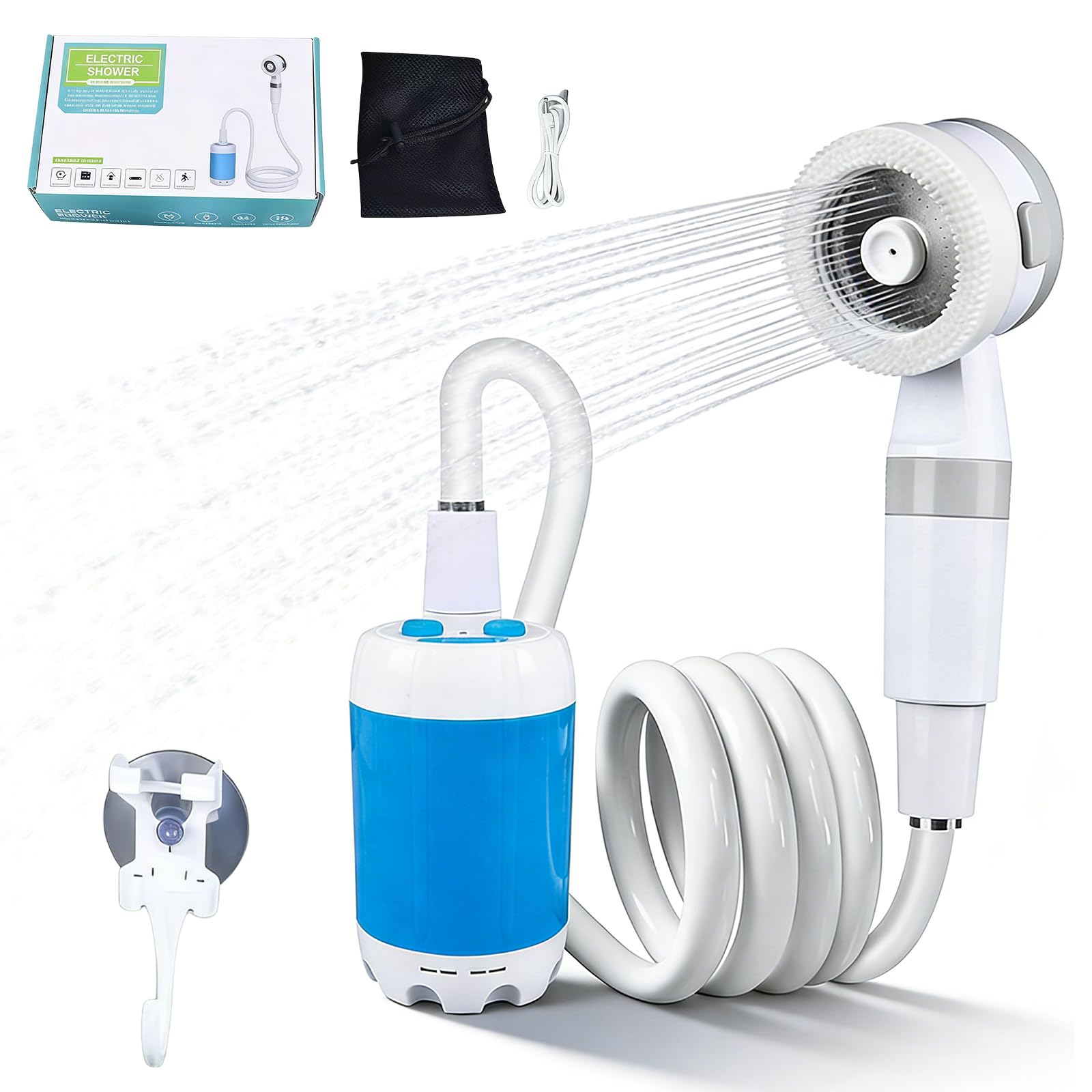 Doccia portatile da campeggio con pompa, 6000 mAh, doccia da campeggio con batteria, doccia mobile per esterni con soffione e tubo, doppia modalità acqua, doccia portatile per campeggio, viaggi