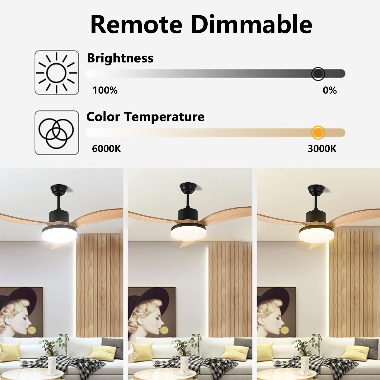 Ventilador de Techo con luz Regulable, silencioso, con Motor de CC, Control Remoto, 6 velocidades, 3 aspas de Madera, diseño Moderno de 30 W, Ideal para Dormitorio, Sala de Estar y