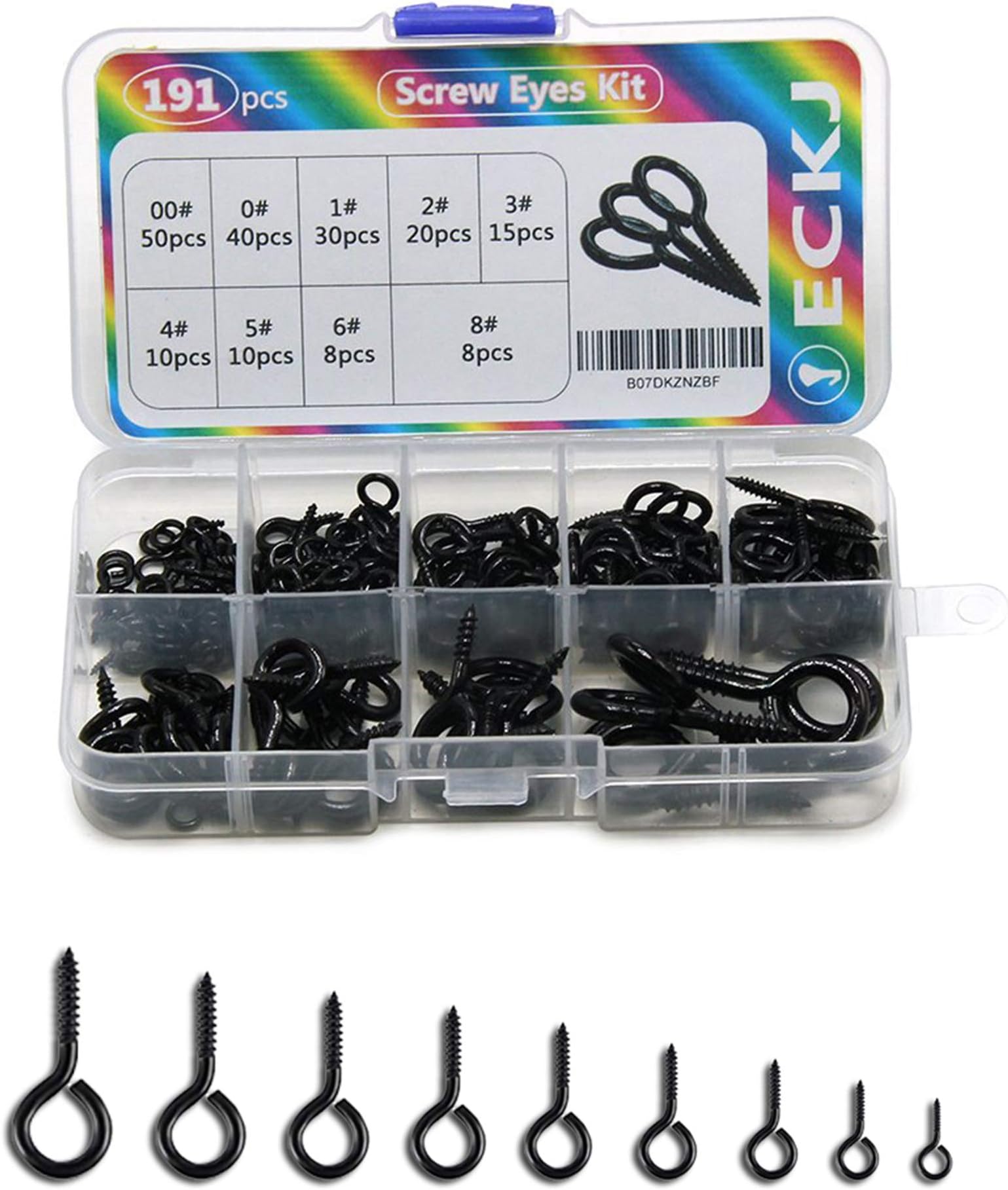 191pcs Screw Eyes Zinc Plated Metal Eye Hook Screw Self Tapping Screws Includes 9 Sizes Color Black