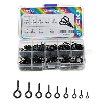 ECKJ 191pcs Screw Eyes Zinc Plated Metal Eye Shape Screw Self Tapping Screws Includes 9 Sizes Color Black
