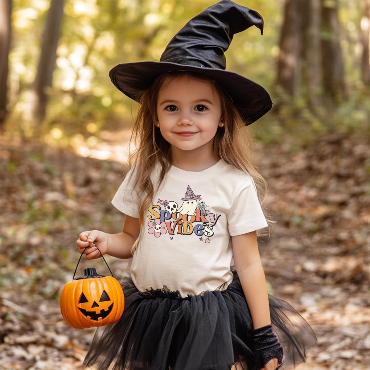 Halloween T-Shirt for Girls Retro Spooky Cotton Short Sleeve Tee for Ages 1-10