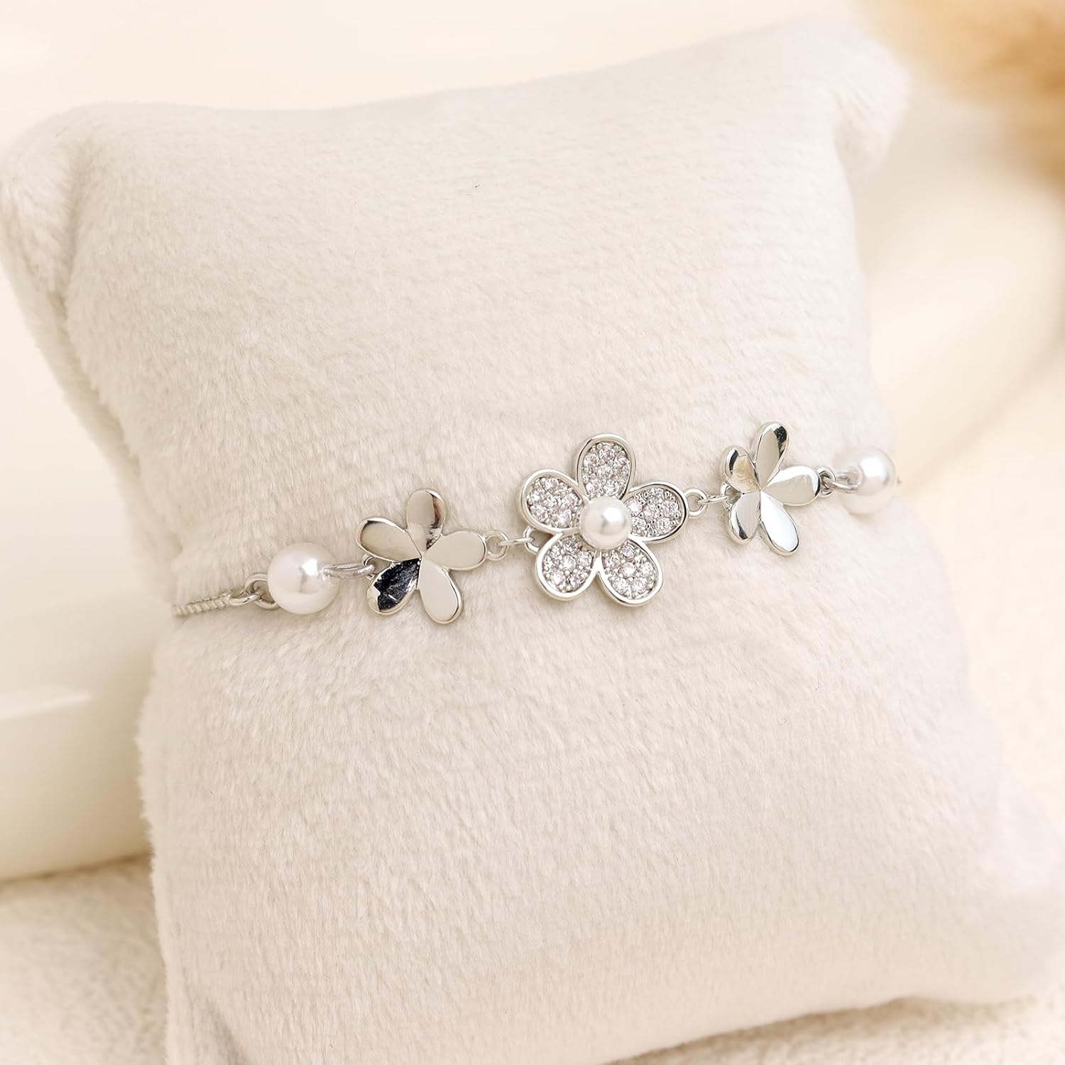 Gold Silver Flower Rhinestone Pearl Bracelet for Women, Adjustable Trendy Handmade Pearl Five-Petaled Flowers CZ Stackable Fashion Box Chain Bracelets Jewelry Accessories Gift - Image 5