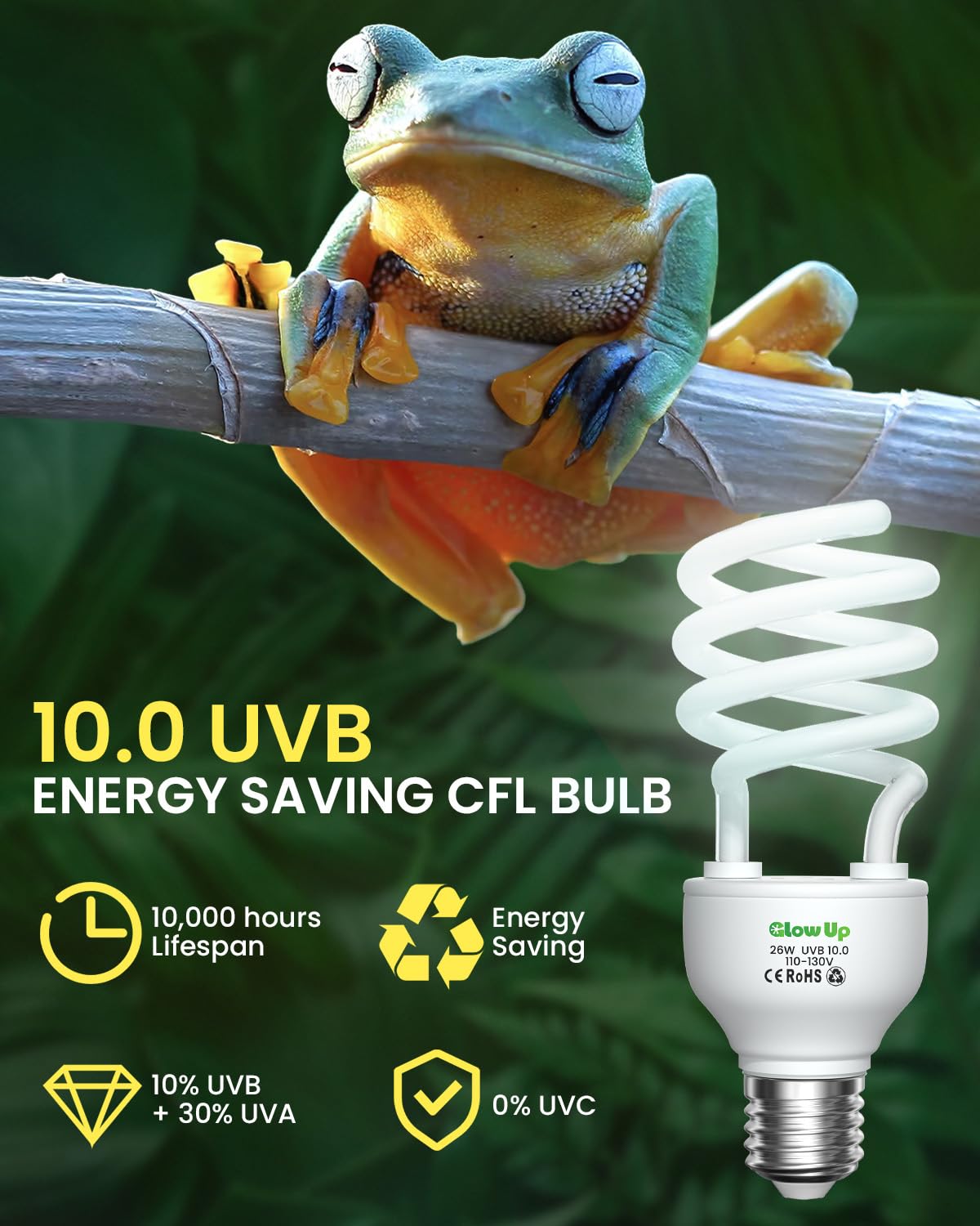 GlowUp UVA UVB Light Bulbs for Reptiles E26 Combo Pack 110V - 100W Reptile Heat Lamp Bulb + 26W 10.0 UVB Bulb Provide Heat, Light, D3 and UV for Bearded Dragon, Tortoise, Lizard - image 2