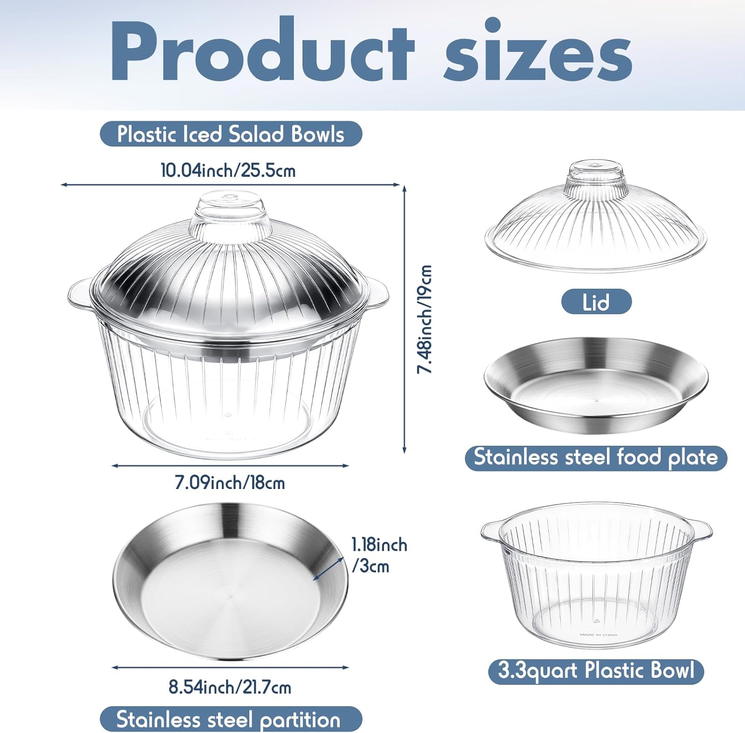 Baderke 3 Set 8.54 Chilled Salad Bowl with Ice Chiller Base and Lid Chilled Serving Trays with Stainless Steel Plate Cold Food for Party Outdoor Picnic (Flip Bowl,Stainless Steel Gray)