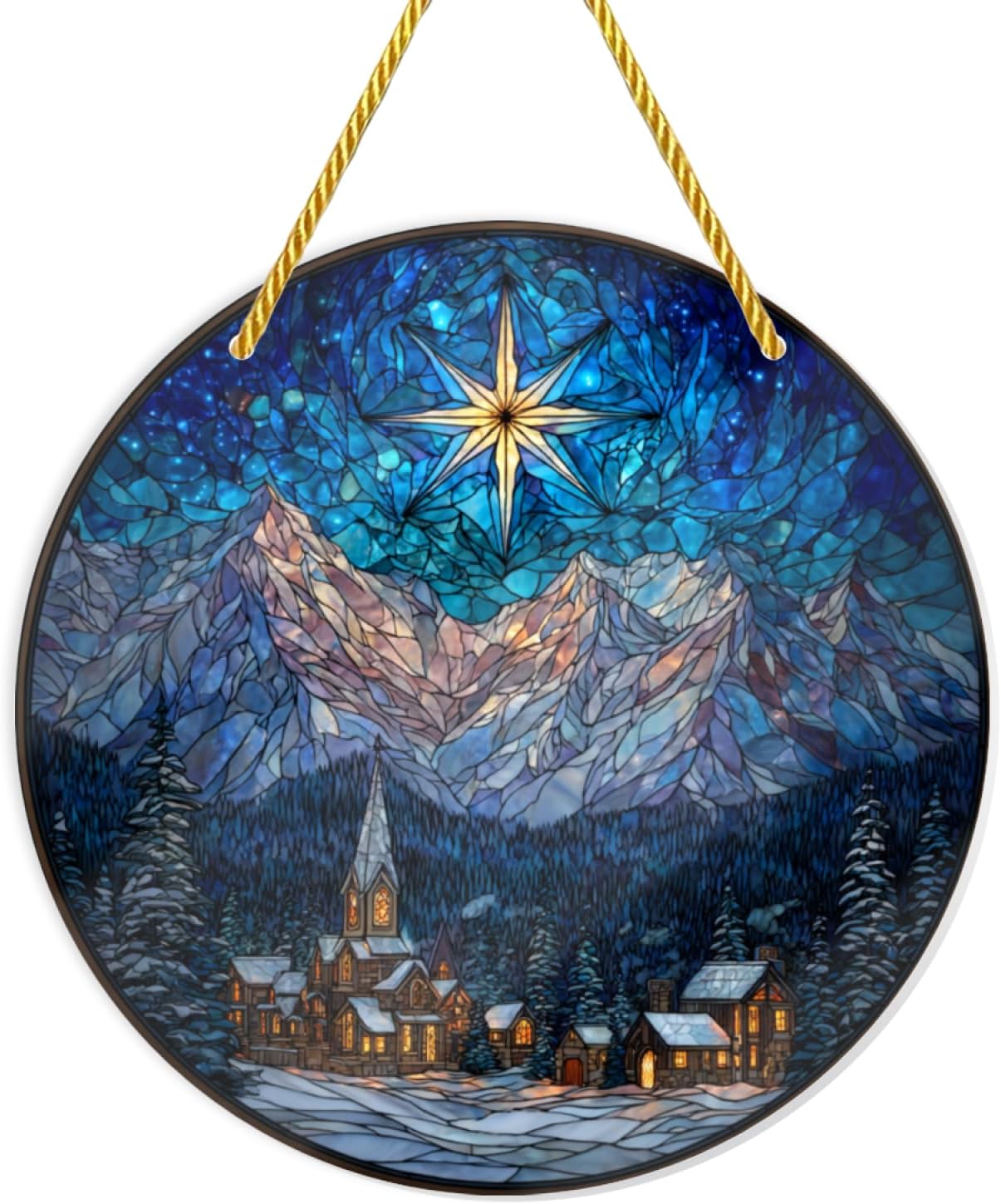 Round Majestic Mountain Scene and Glowing Star Acrylic Wall Hanging Ornaments 8x8 Inch, Colored Glass Styles Ornament, Acrylic Wall Sculptures,Gift Suitable Family Friends