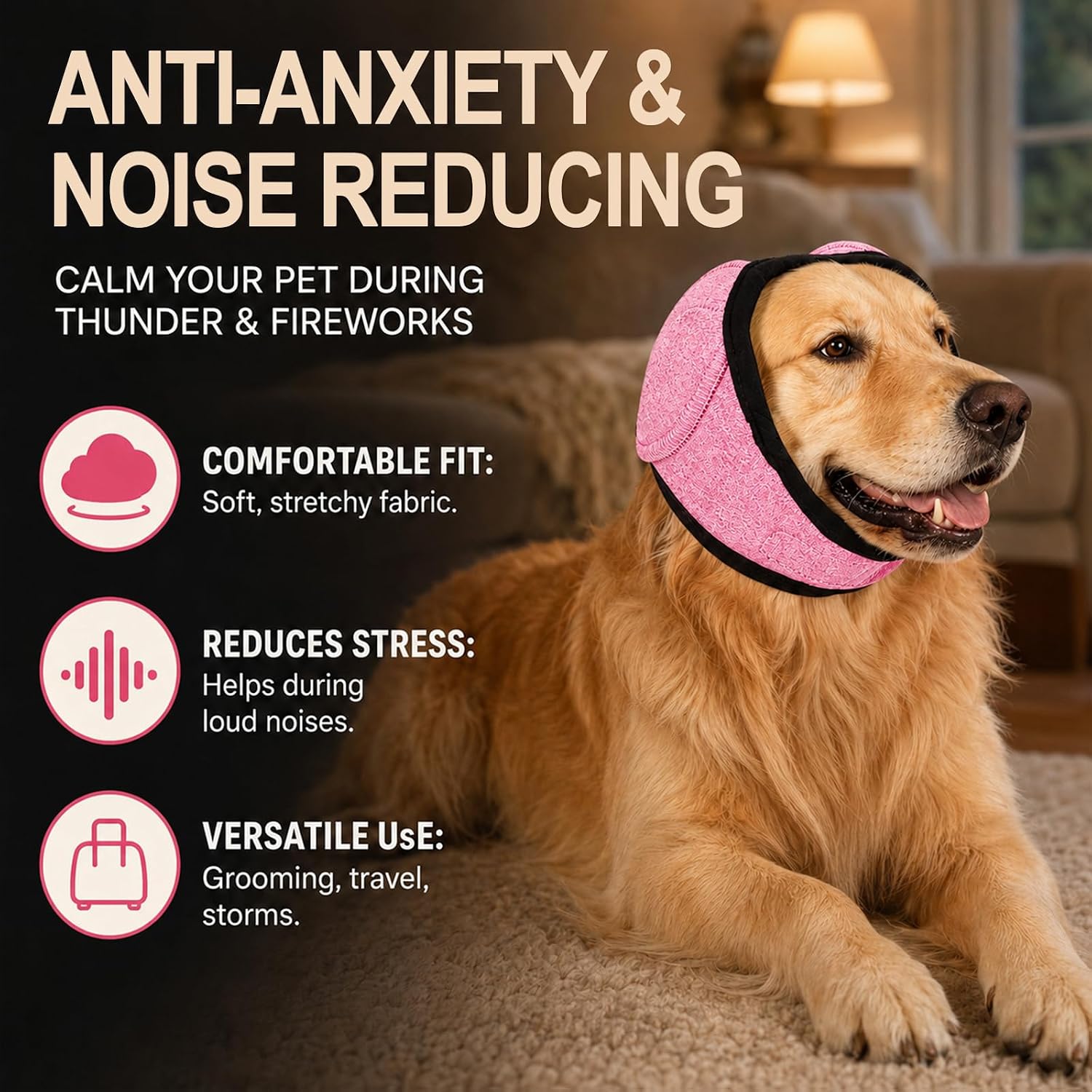Noise Cancelling Ear Wrap,Quiet Dogs Calming Hoodie,Waterproof Dog Calming Hood,Dog No Shake Ear Muffs Noise Protection Firework Thunder Vacuum,Adjustable for Grooming Bathing & Swimming (Pink-S)