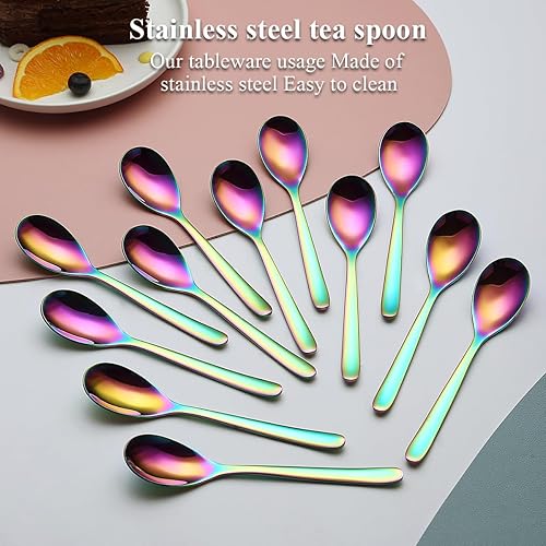 Miniatura 3 de Kyraton Cucharitas de arco iris, 12 cucharas de té de acero inoxidable de 6.5 pulgadas con colorido chapado de titanio, cucharas de helado, cuchara