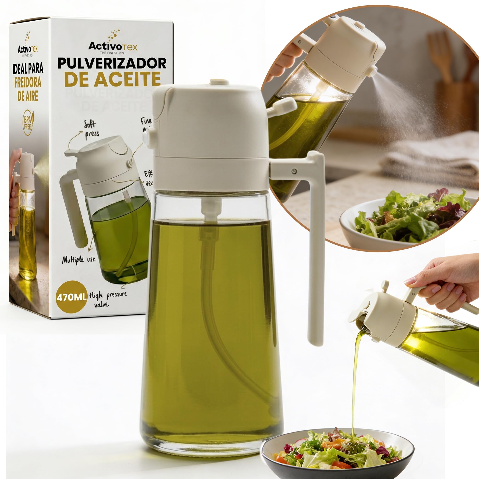 ActivoTex Dispensador de Aceite y Spray para Cocina 2 en 1 - Aceitera de Cristal de 470 ml - Pulverizador de Niebla Fina, ideal para freidora de aire, ensaladas y barbacoa
