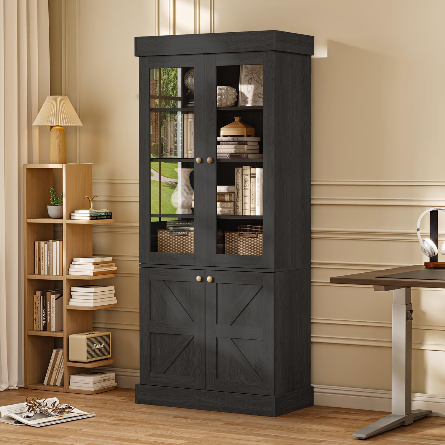 71" Tall Farmhouse Bookshelves with Glass Doors, Rustic Large Bookcase with Adjustable Shelves, Wooden Storage Cabinet for Living Room, Kitchen, Home Office, Dining Room (Black, Glass Door Unit)