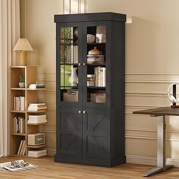 71" Tall Farmhouse Bookshelves with Glass Doors, Rustic Large Bookcase with Adjustable Shelves, Wooden Storage Cabinet for Living Room, Kitchen, Home Office, Dining Room Black, Glass Door Unit