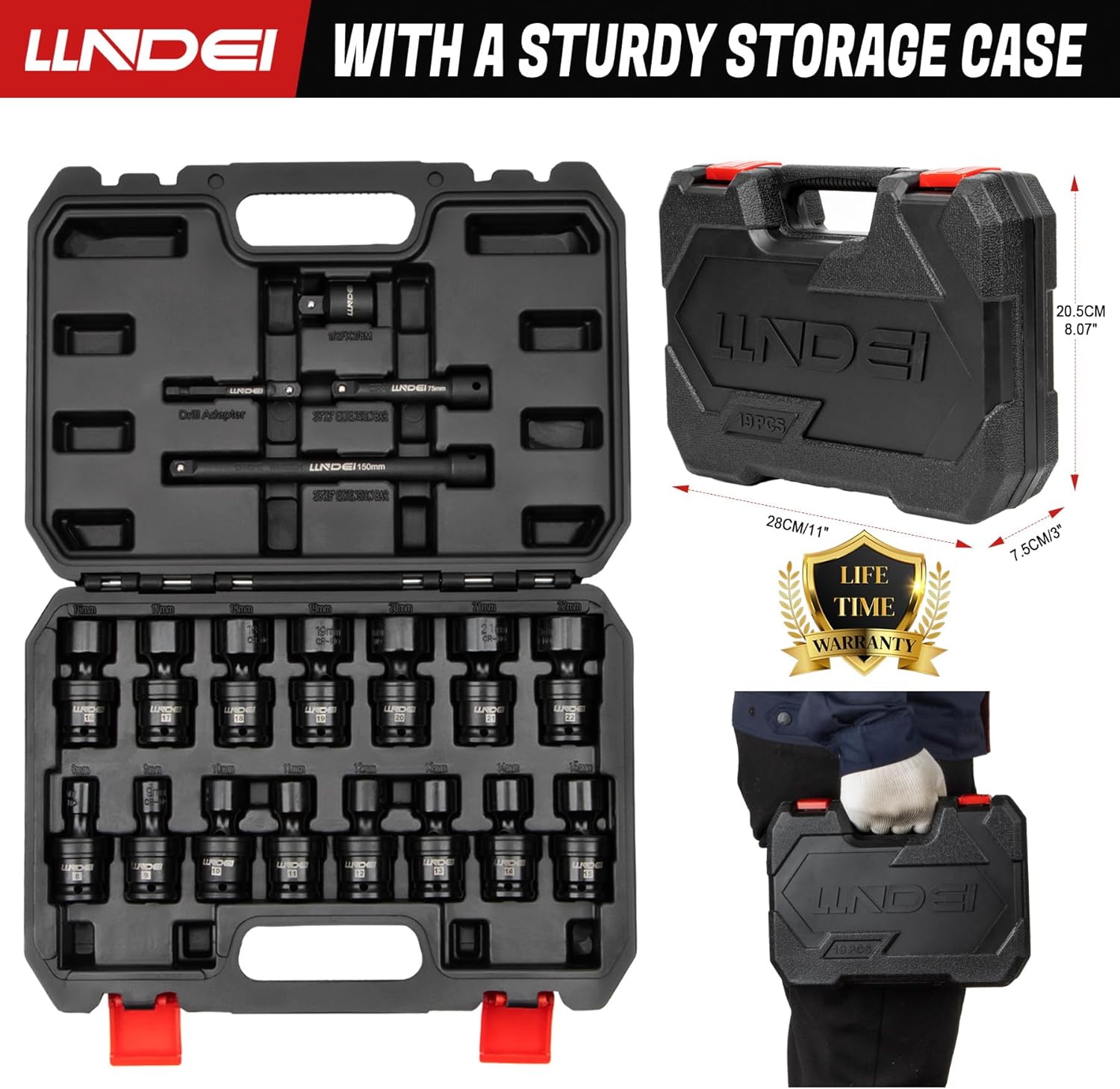 LLNDEI 3/8" Drive Universal Impact Socket Set, 19 Pieces CR-MO Swivel Socket Set, Metric(8-22mm) Wobble Sockets 6 Point with Extension Bars, Adapter and Black Organizer