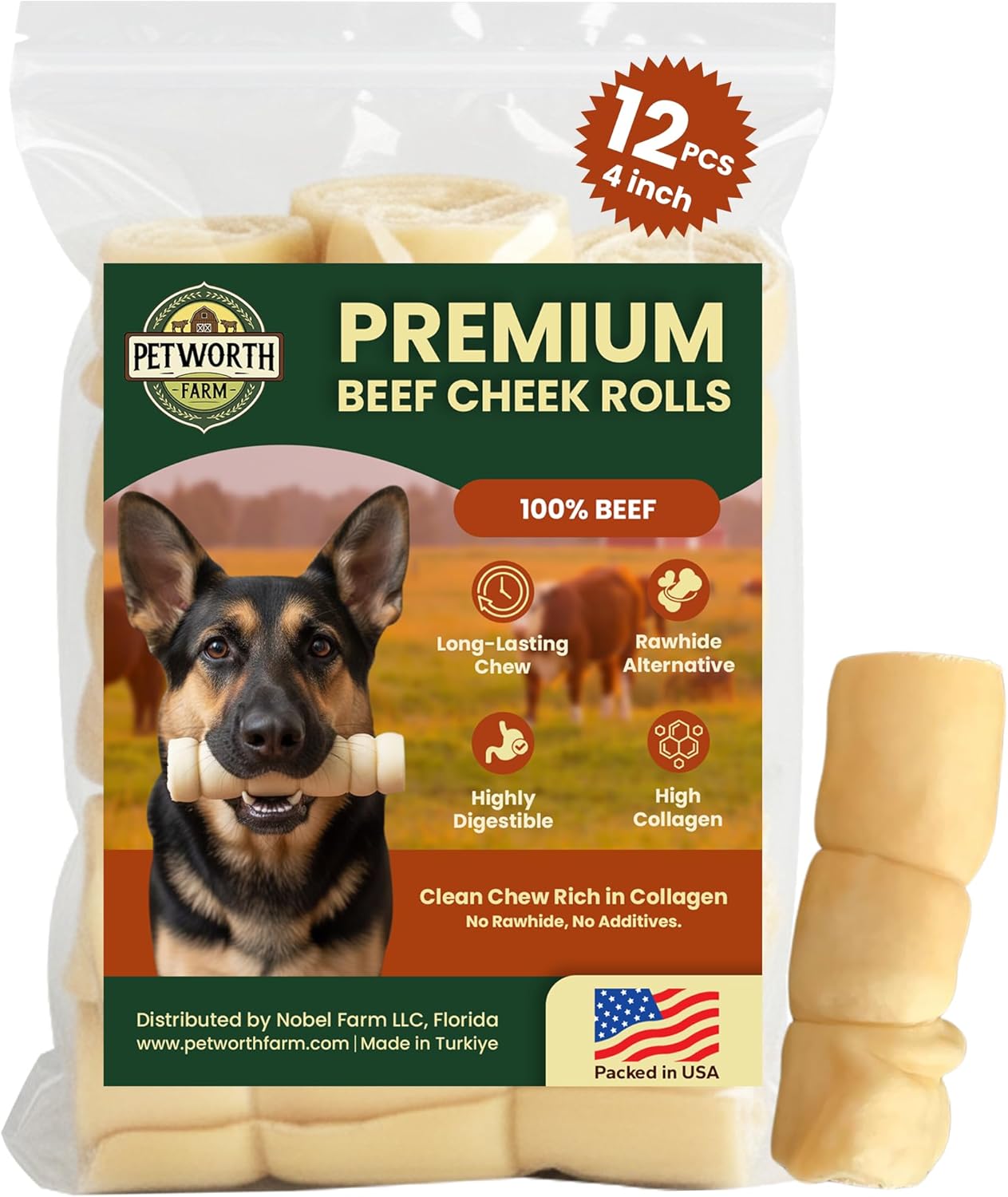 8 Pack 10 Inch Beef Cheek Rolls for Dogs – Digestible Rawhide Alternative Chews, Long Lasting Dental Treats, Single Ingredient Natural Dog Chews for Large Dogs