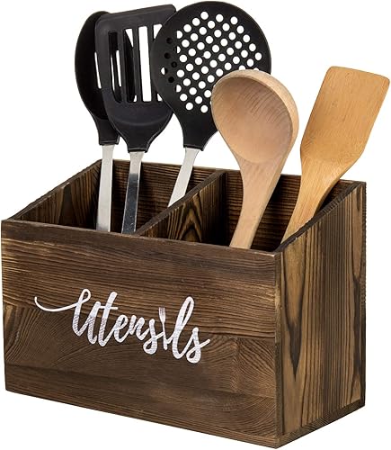 MyGift Soporte para utensilios de cocina de madera quemada maciza de 2 ranuras para encimera, organizador de herramientas de cocina, organizador con