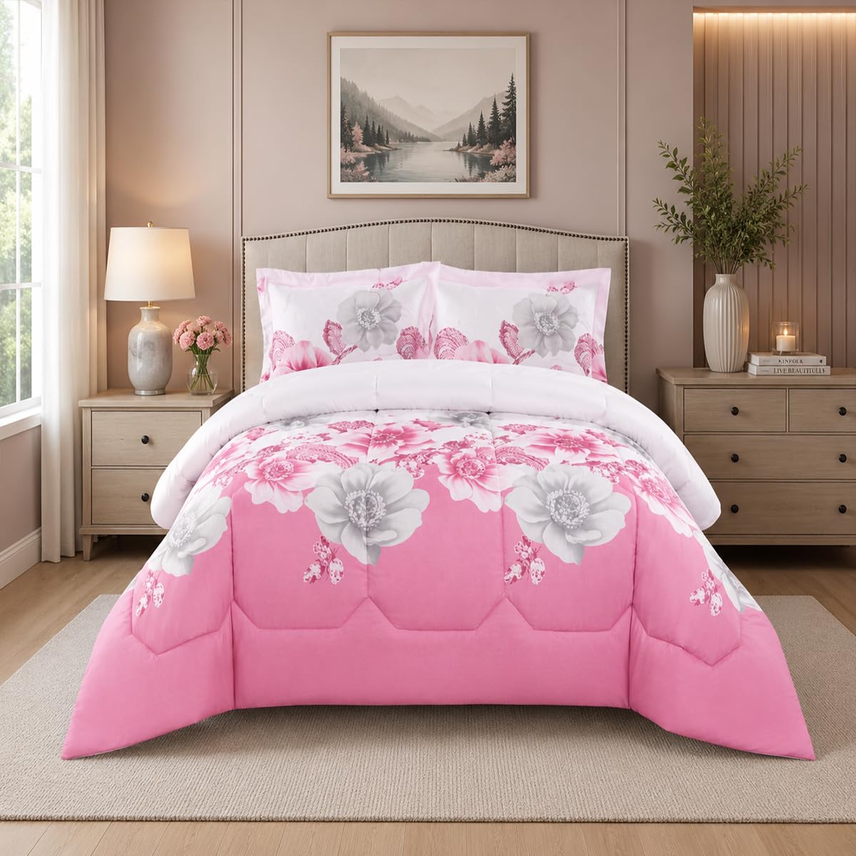 Trendy Printed Super King Bedspread Pink with Matching Pillow Shams Microfiber Front and Reverse 300GSM Polyester Filling Ideal Bed Throw for All Seasons