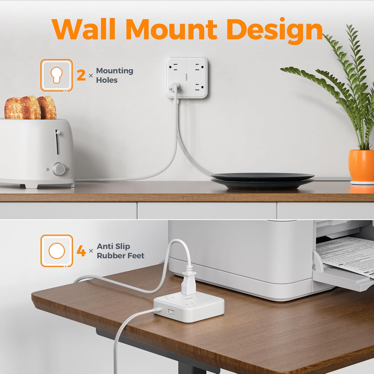 TESSAN Surge Protector Flat Extension Cord 10Ft, Flat Plug Power Strip with 4 Outlets 3 USB Ports (1 USB C), 900 Joules Protection, Multiple Wall Outlet Extender Suitable for Home Office Dorm, White