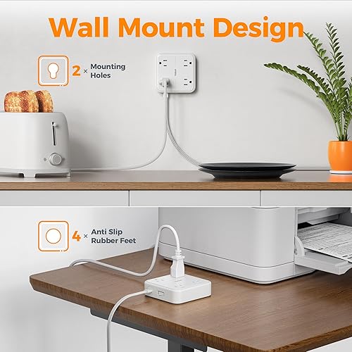 Miniatura 6 de TESSAN - Cable de extensión con enchufe plano, de 9.8 pies, 4 salidas, 3 puertos USB, cable de alimentación largo, estación de carga montada en la