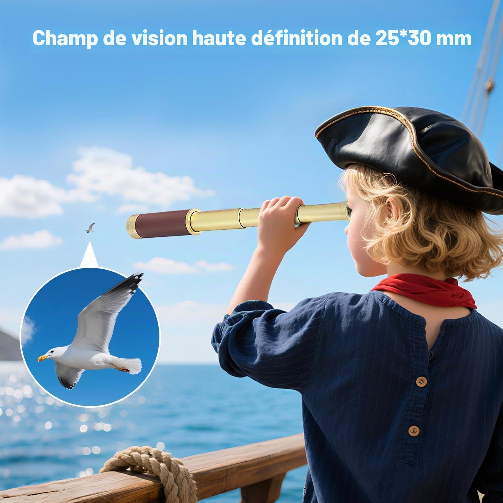 Télescope Pirate Rétro Monoculaire Zoomable 25x30 Vintage Longue Vue Enfant Lentille BAK-4 Imperméable Mini Télescope avec Boussole pour Adultes Camping Observation des Oiseaux