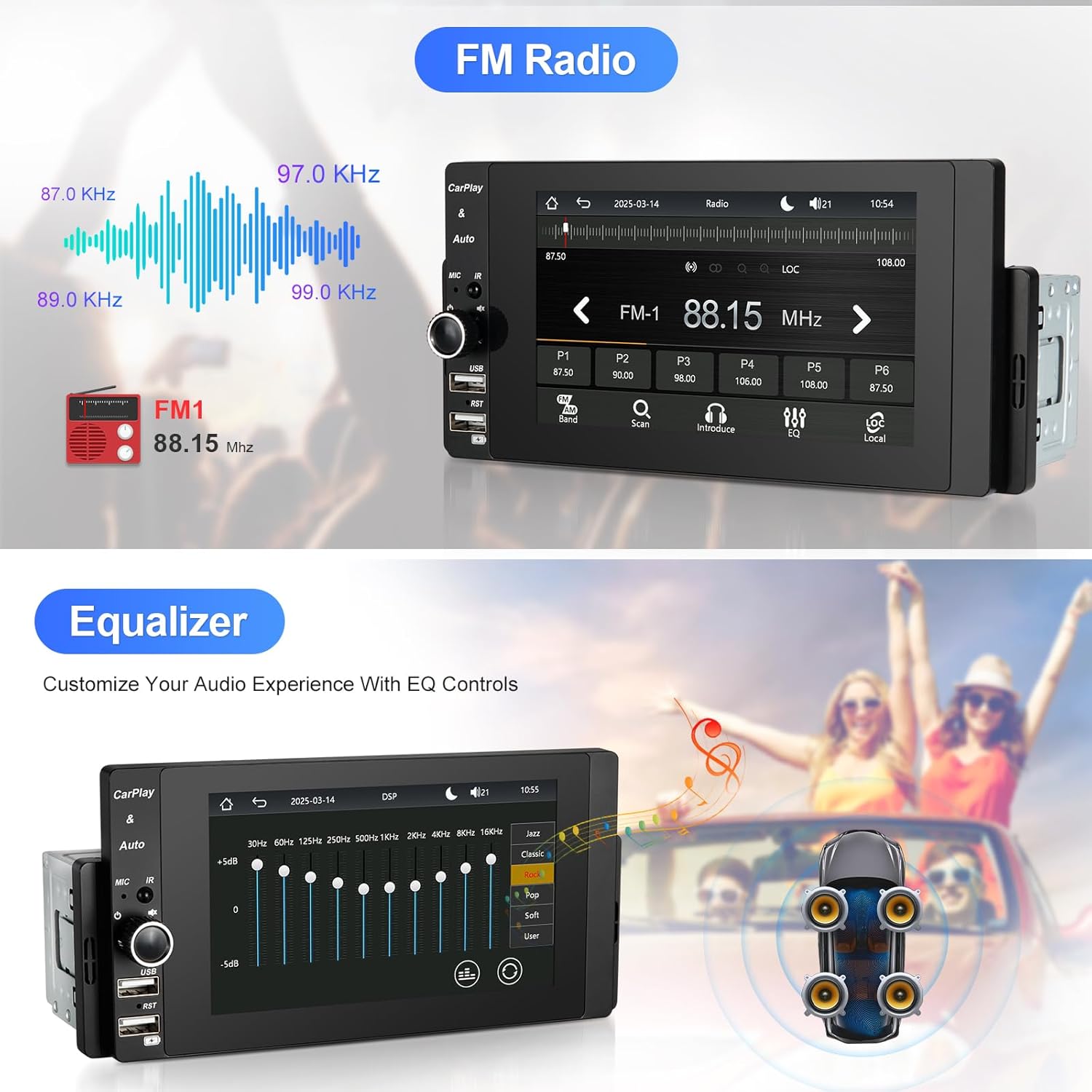 Car stereo screen displaying FM radio interface and equalizer settings.