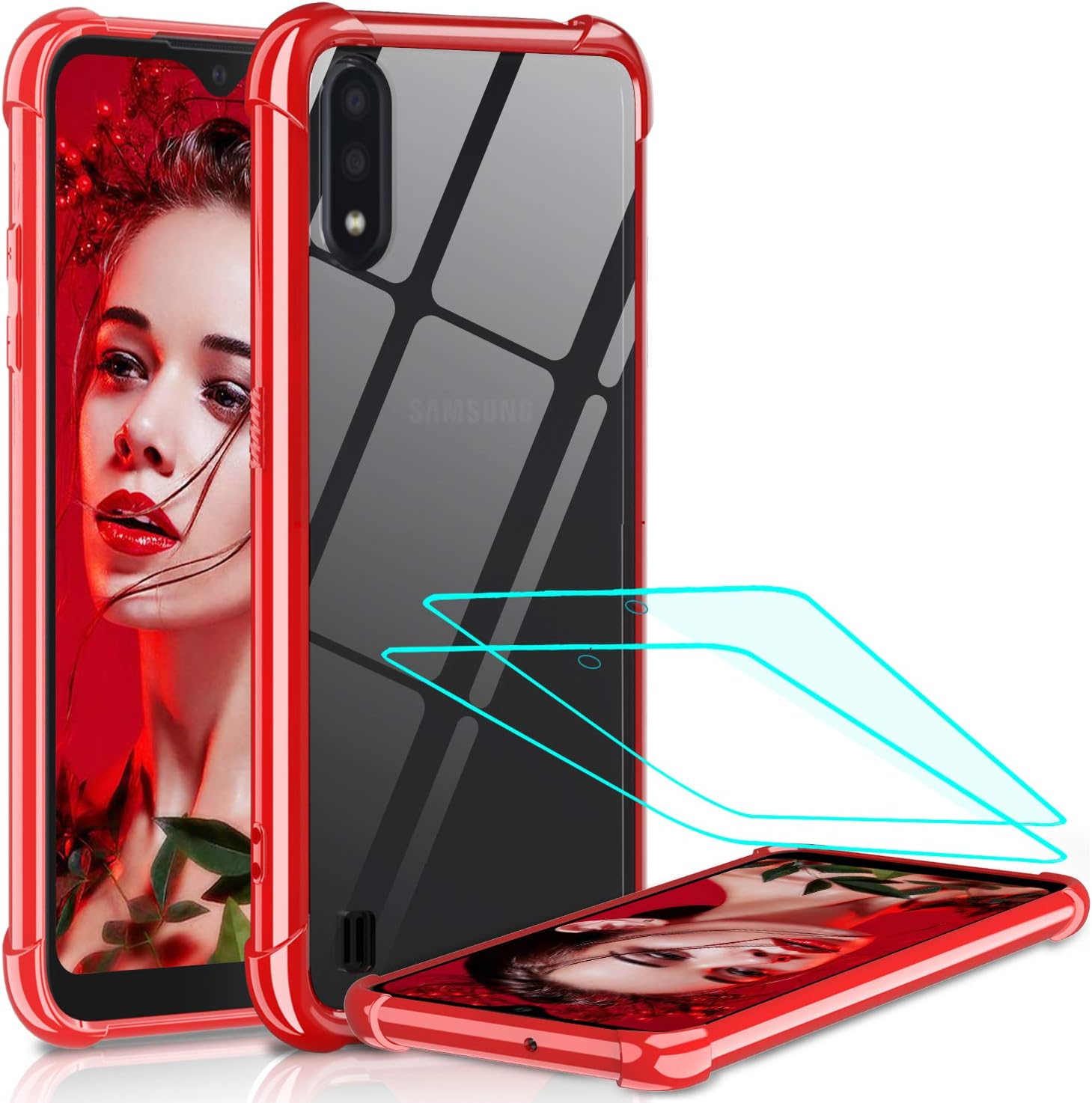 LeYi Compatible with Samsung A01 Case, Samsung Galaxy A01 Case with Glass Screen Protector [2 Pack], Shockproof Crystal Clear Hard PC Bumper Slim Protective Phone Cover Cases for Galaxy A01, Red