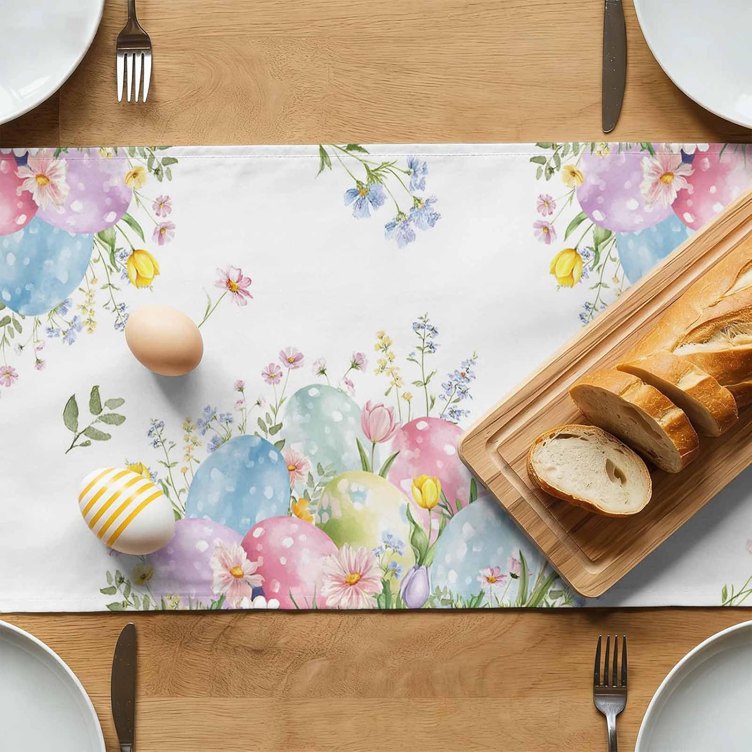 Easter Table Runner 13x90 Inches Long Bunny Floral Eggs Table Runners Washable Cotton Linen Spring Flower Leaves Dresser Scarf Kitchen Dining Table Decor for Spring Holiday Dinner Party Coffee