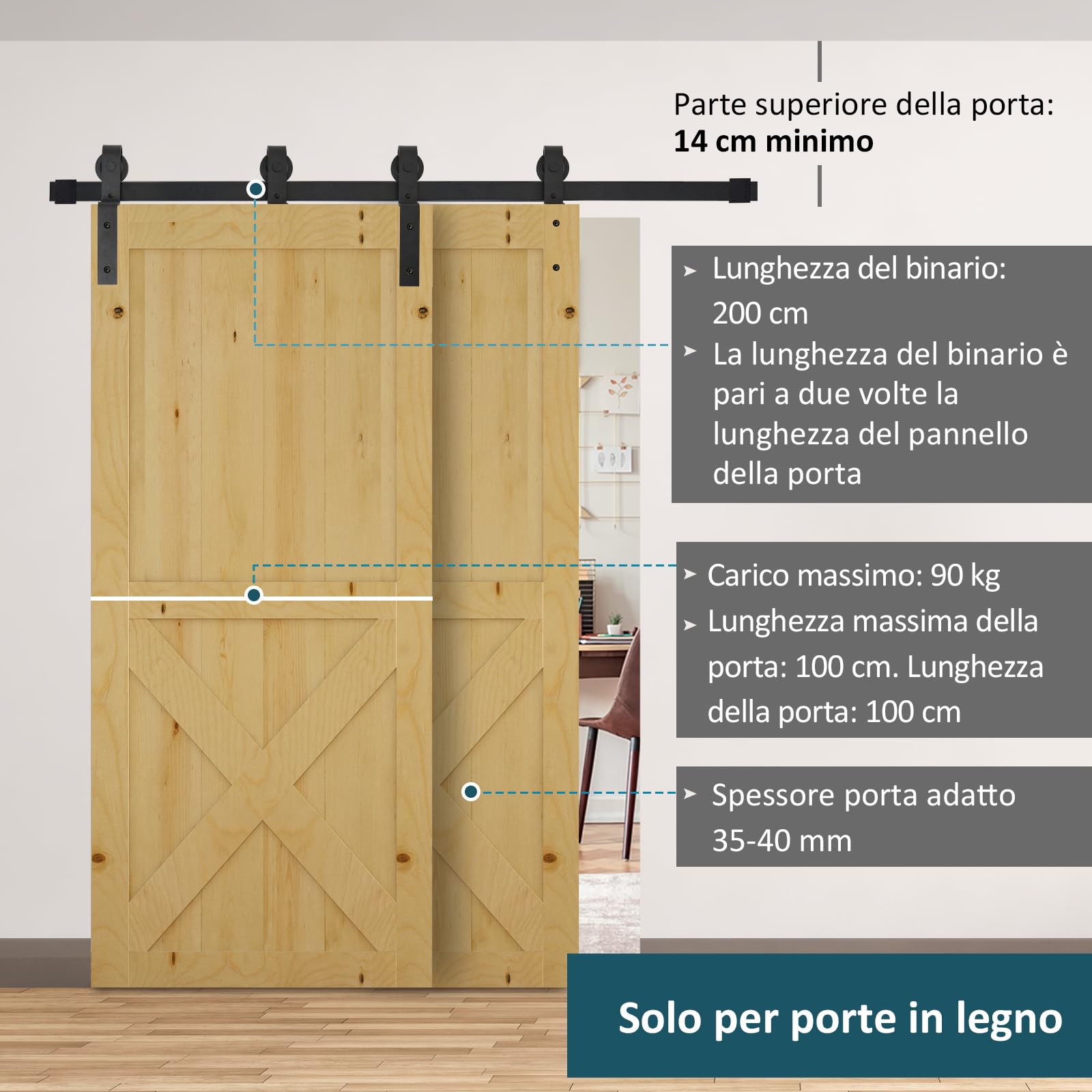 HOMCOM 200CM/6.6FT Kit Porta Scorrevole 90kg max in Acciaio al Carbonio, Kit per Porte Scorrevoli con Binario, Rulli, Fermi, Guide, Bulloni e Viti, Nero