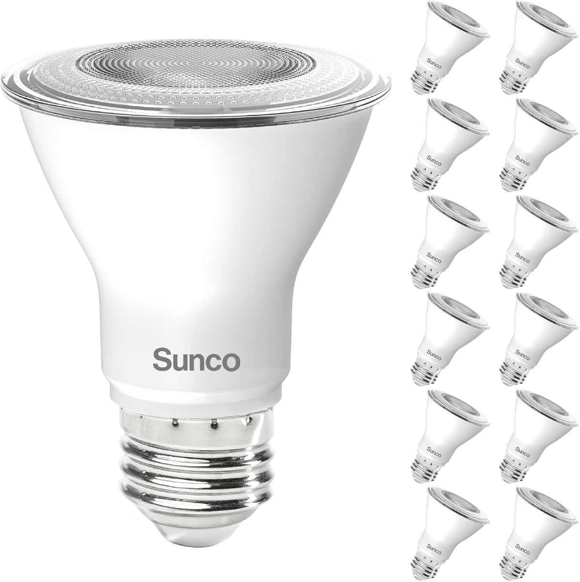 Sunco Paquete de 12 bombillas LED PAR20, reflector, E26, 7 W = 50 W, iluminación de riel | Luz blanca cálida de 3000 K, 500 lm, regulable, iluminación exterior/interior, base media, clasificación húmeda, luces de inundación para porche, patio