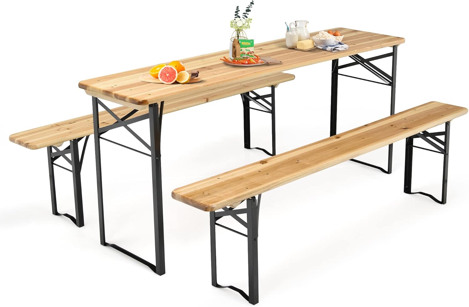 ORALNER 3PCS Folding Picnic Table Bench Set, 6FT Beer Table and 2 Benches for 4-6, Wooden Patio Dining Camping Furniture, Portable Picnic Tables for Outdoors, Garden Porch Yard